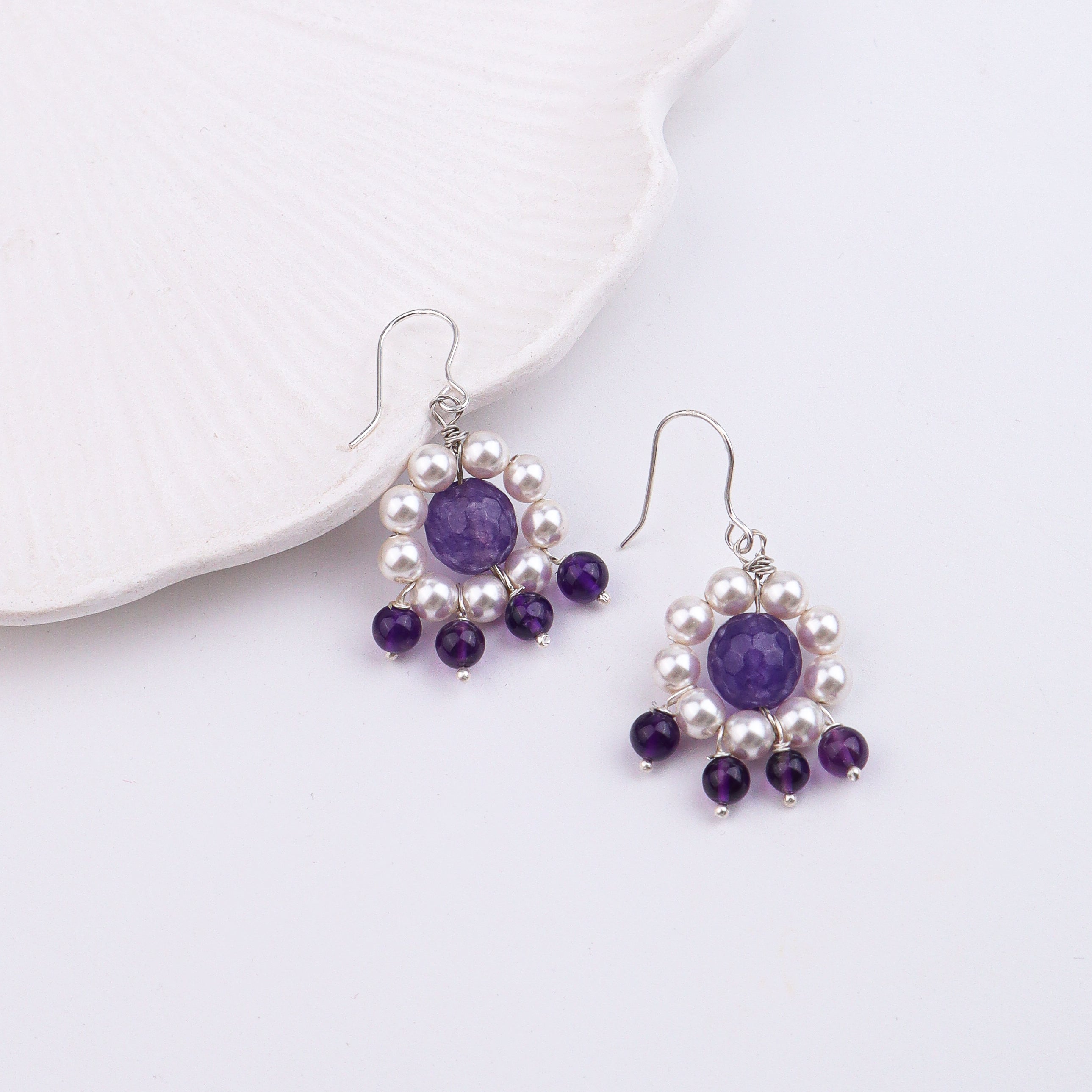 Purple Agate, Amethyst & Pearl Silver Earrings (Project Handmade)