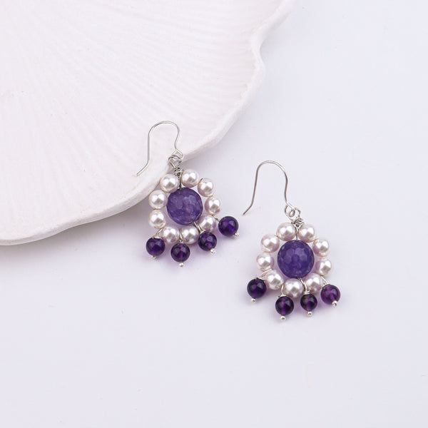 Purple Agate, Amethyst & Pearl Silver Earrings (Project Handmade)