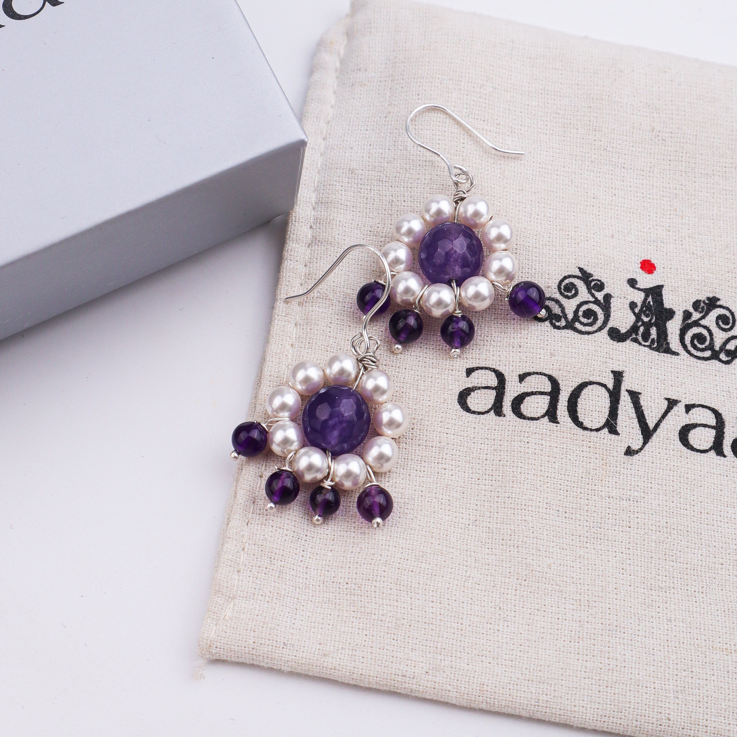 Purple Agate, Amethyst & Pearl Silver Earrings (Project Handmade)