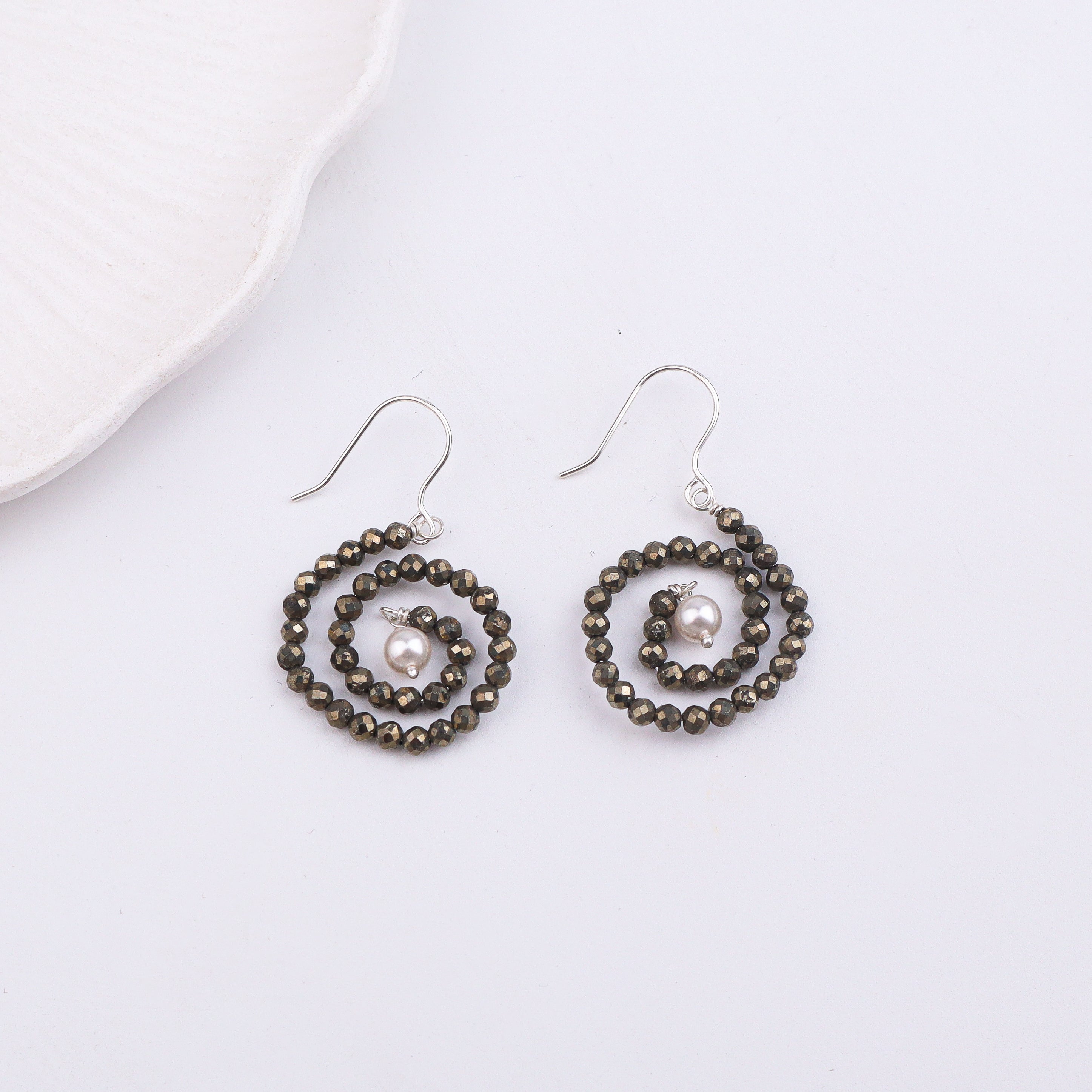 Pyrite & Pearl Silver Earrings (Project Handmade)