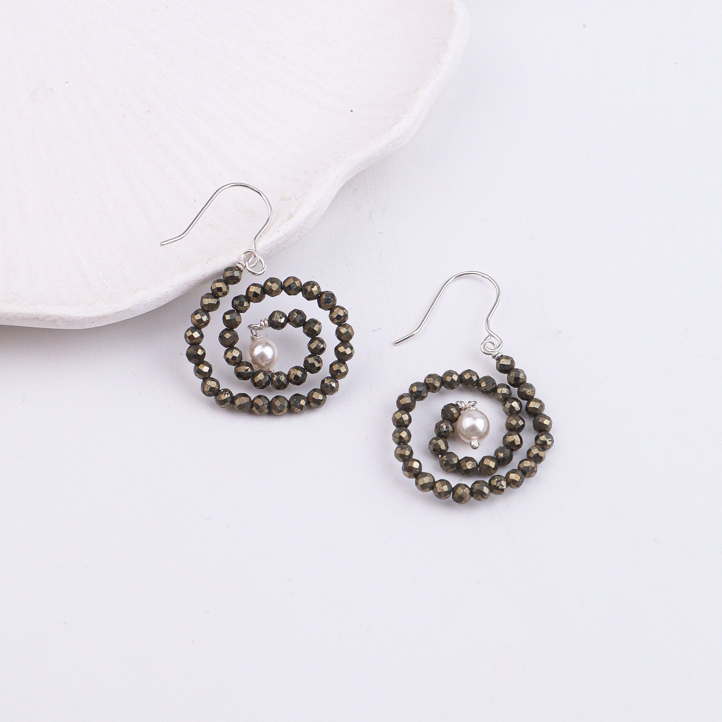 Pyrite & Pearl Silver Earrings (Project Handmade)