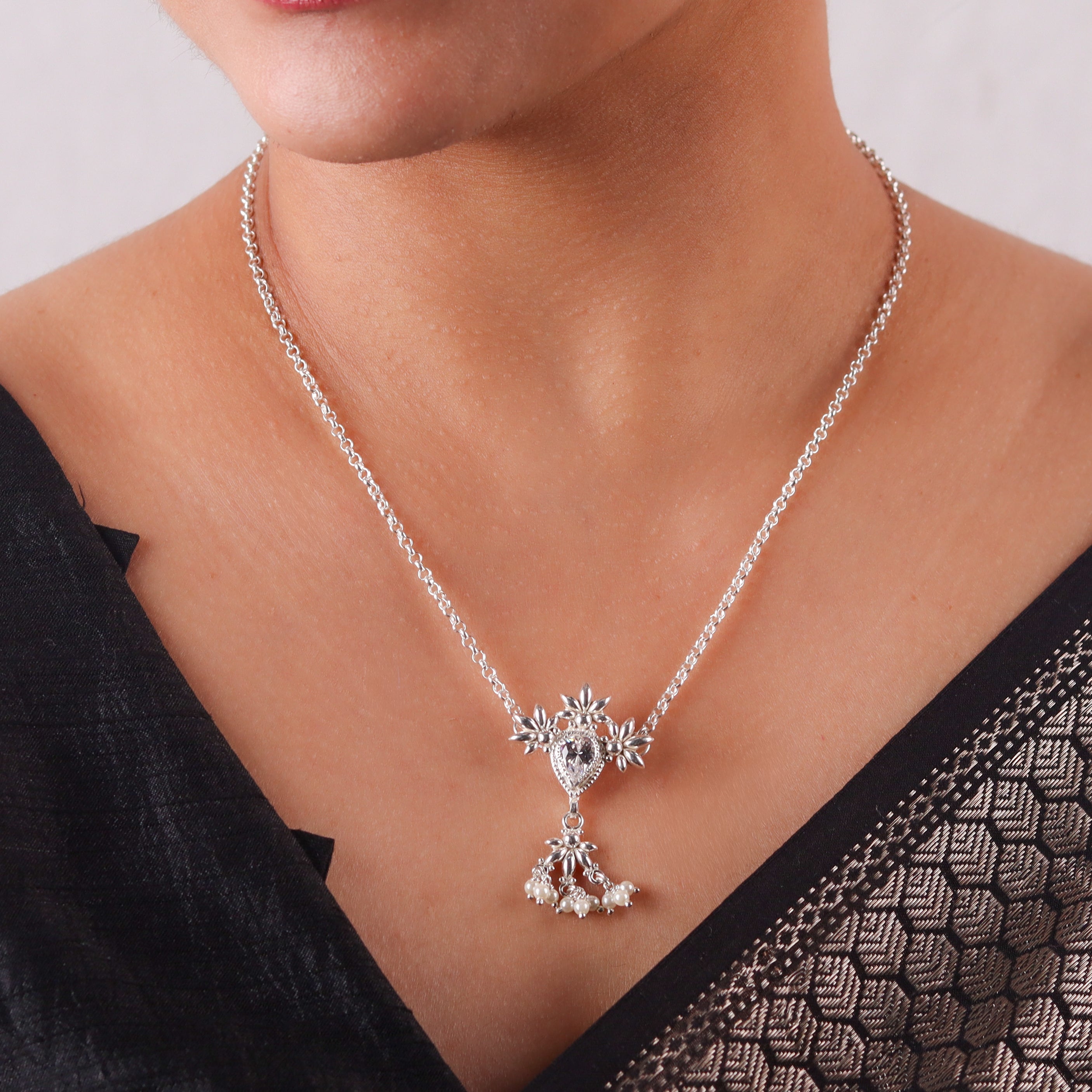Silver CZ Flower Tanmani Set with Pearls