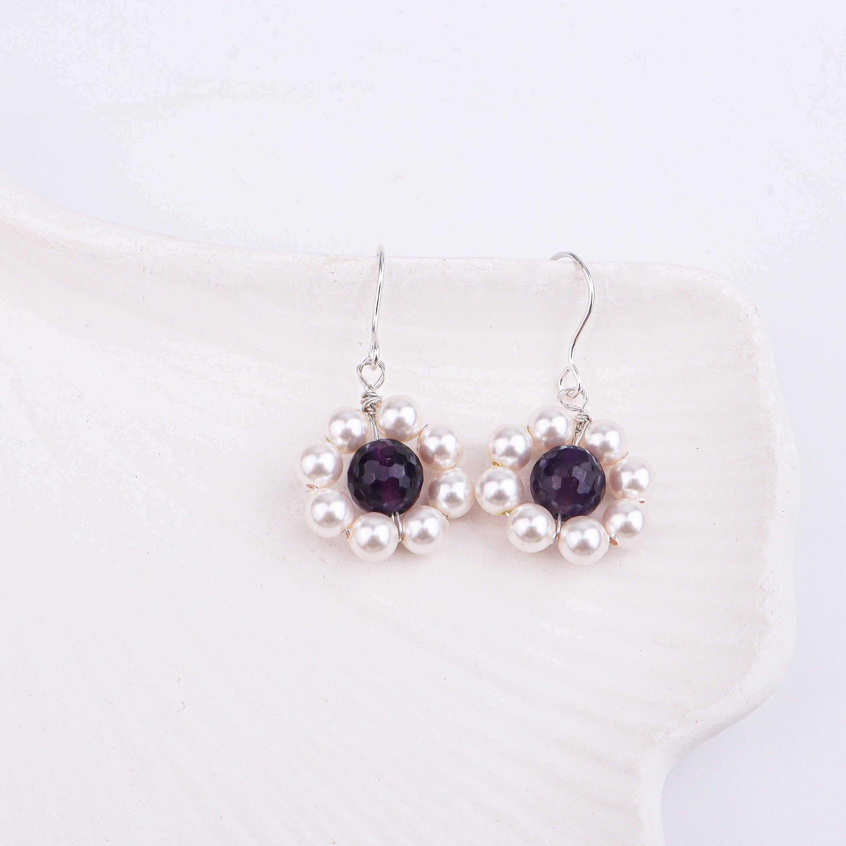Purple Agate & Pearl Silver Earrings (Project Handmade)