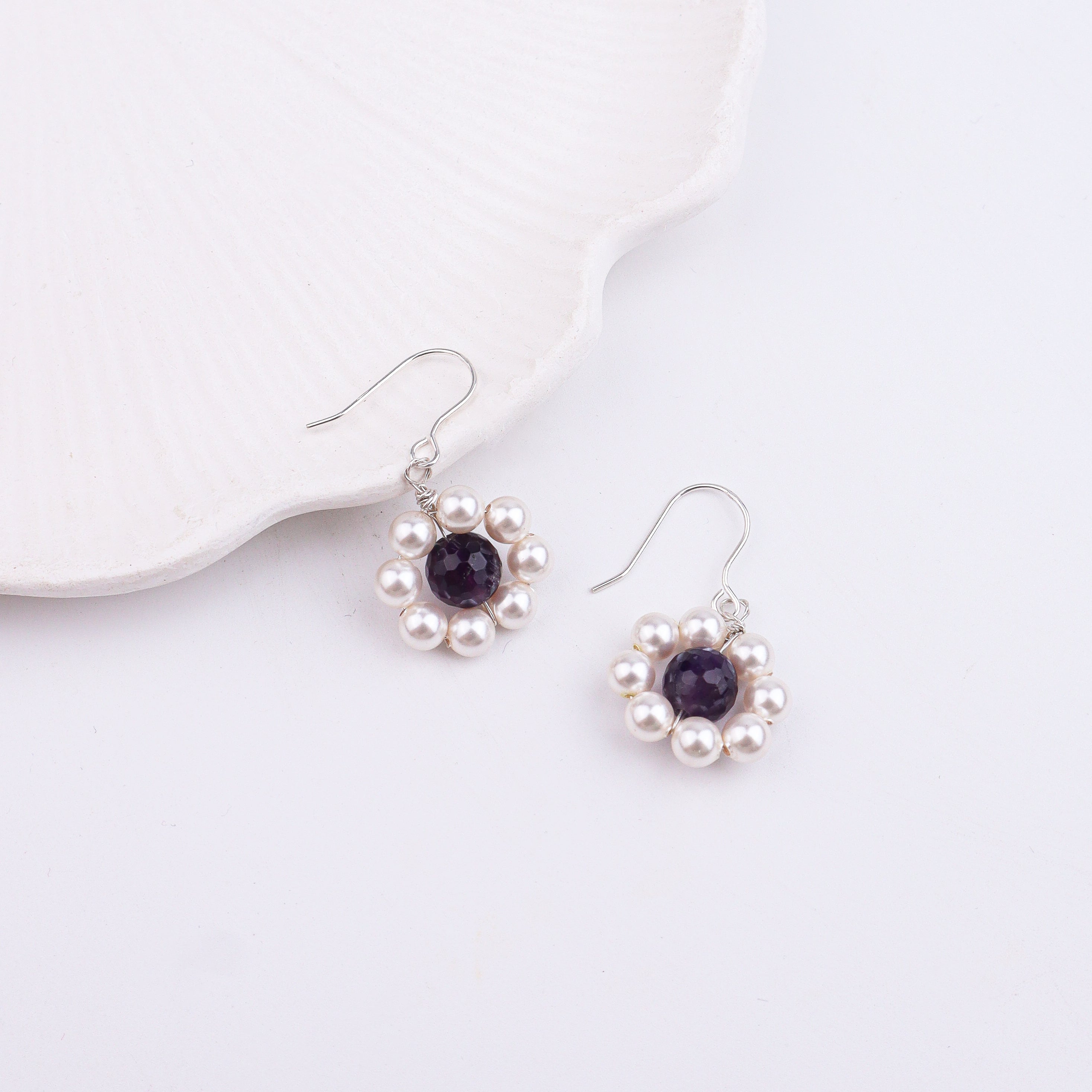 Purple Agate & Pearl Silver Earrings (Project Handmade)