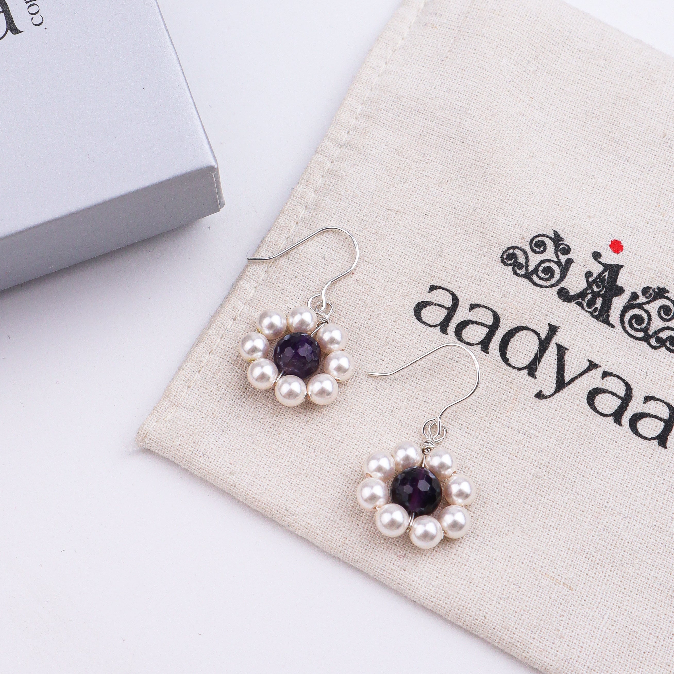 Purple Agate & Pearl Silver Earrings (Project Handmade)