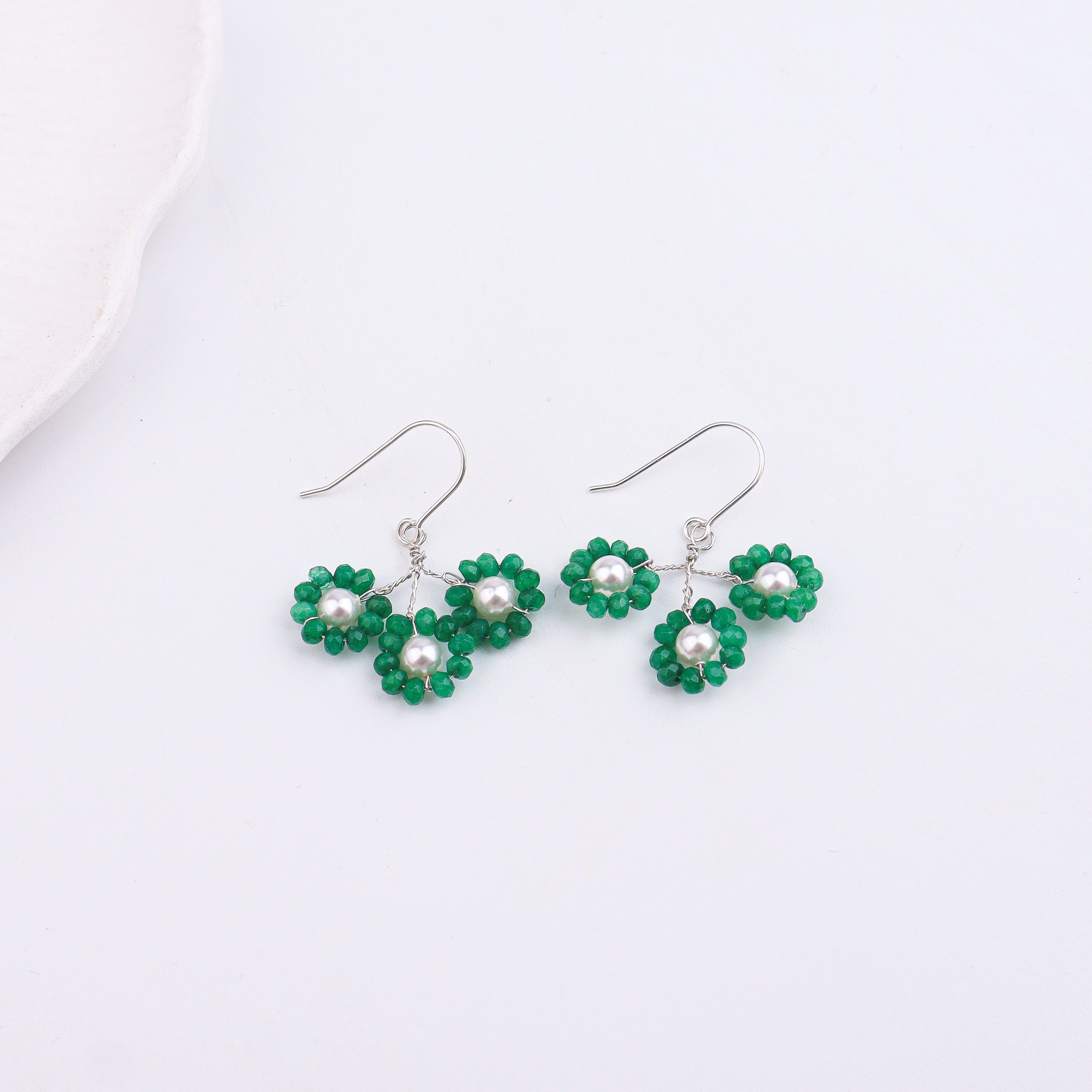 Green Jade & Pearl Silver Earrings (Project Handmade)