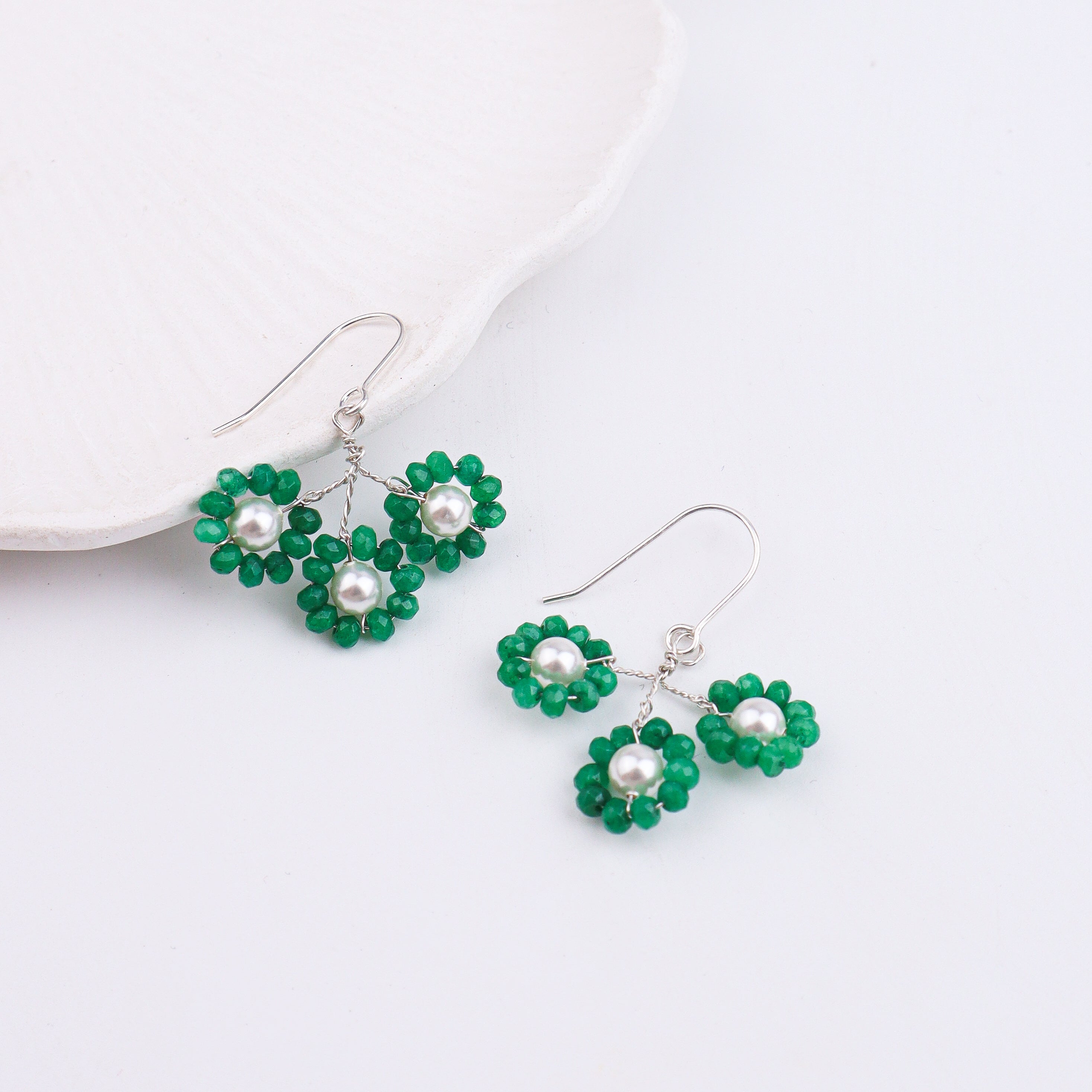 Green Jade & Pearl Silver Earrings (Project Handmade)