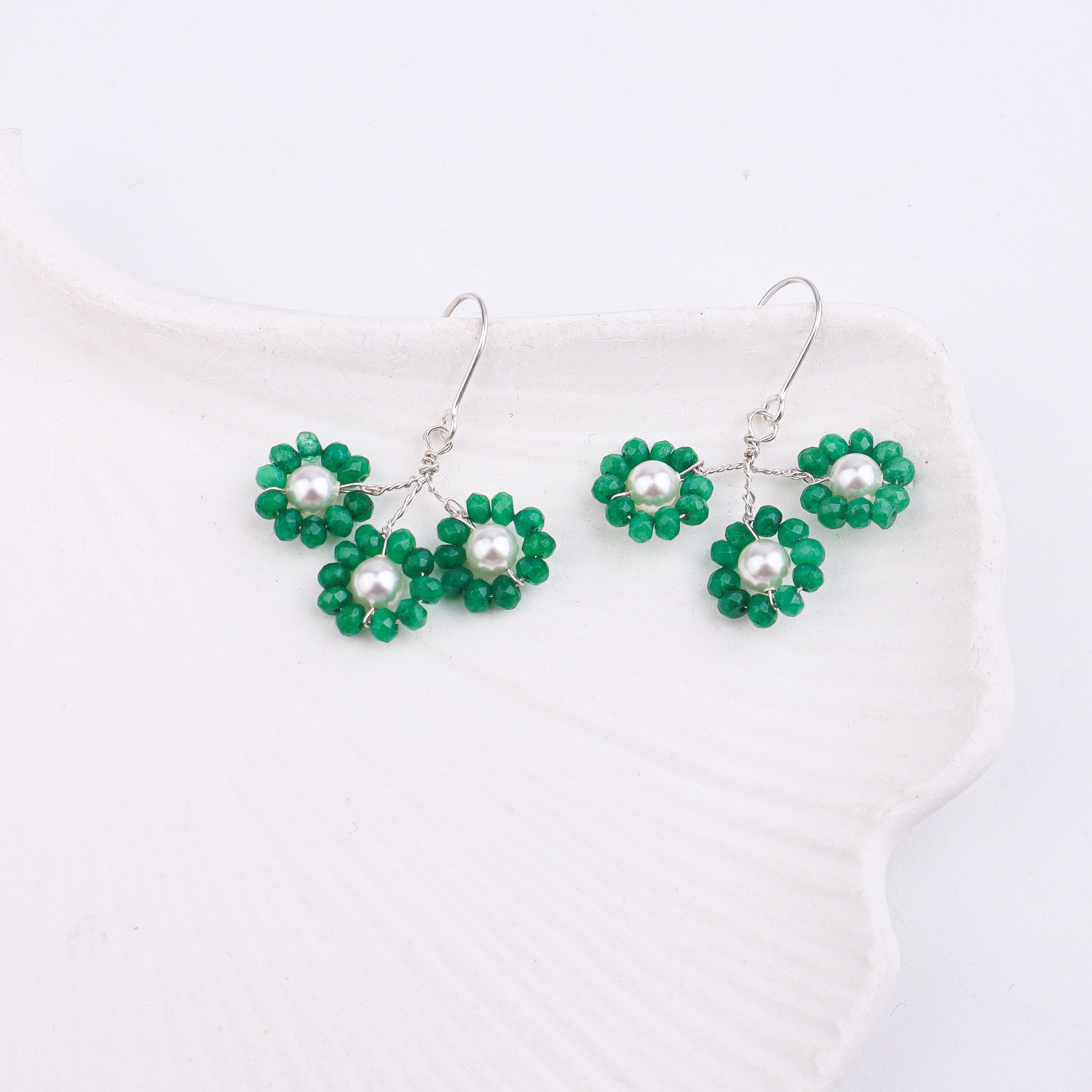 Green Jade & Pearl Silver Earrings (Project Handmade)