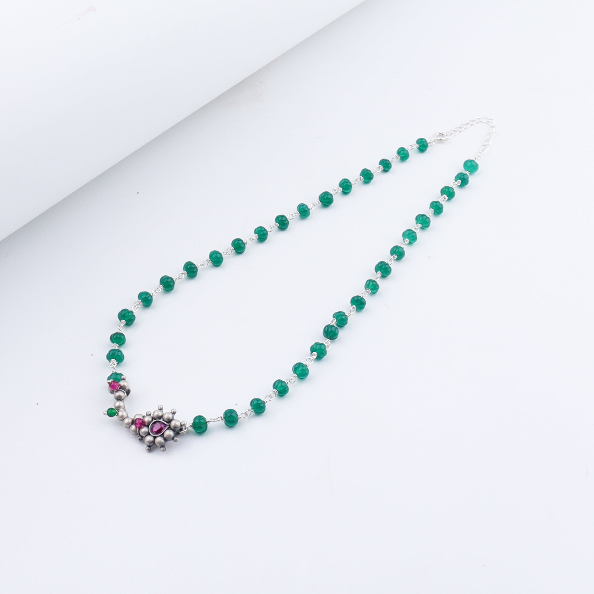 Silver Nath Motif Necklace with Green Onyx Stones