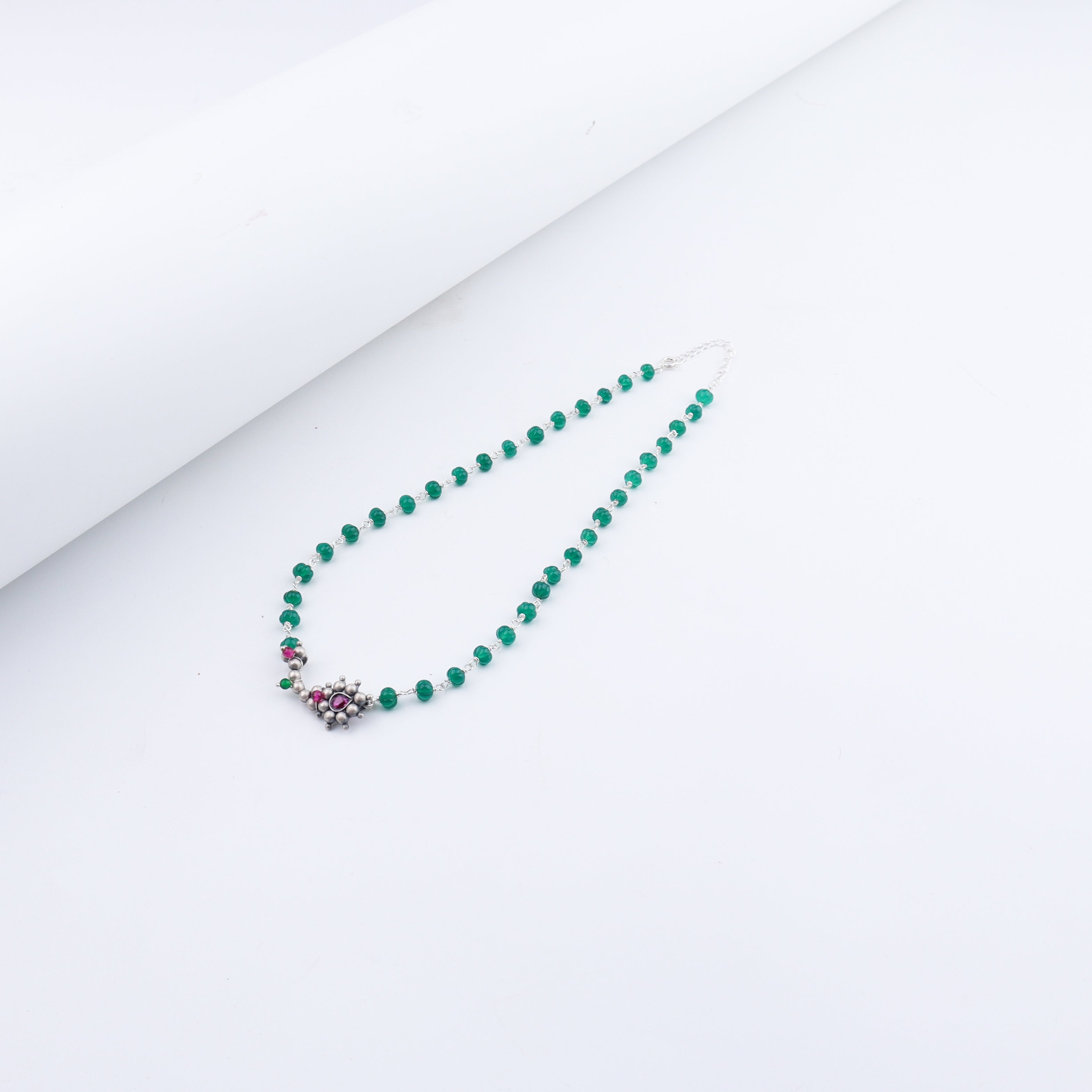 Silver Nath Motif Necklace with Green Onyx Stones