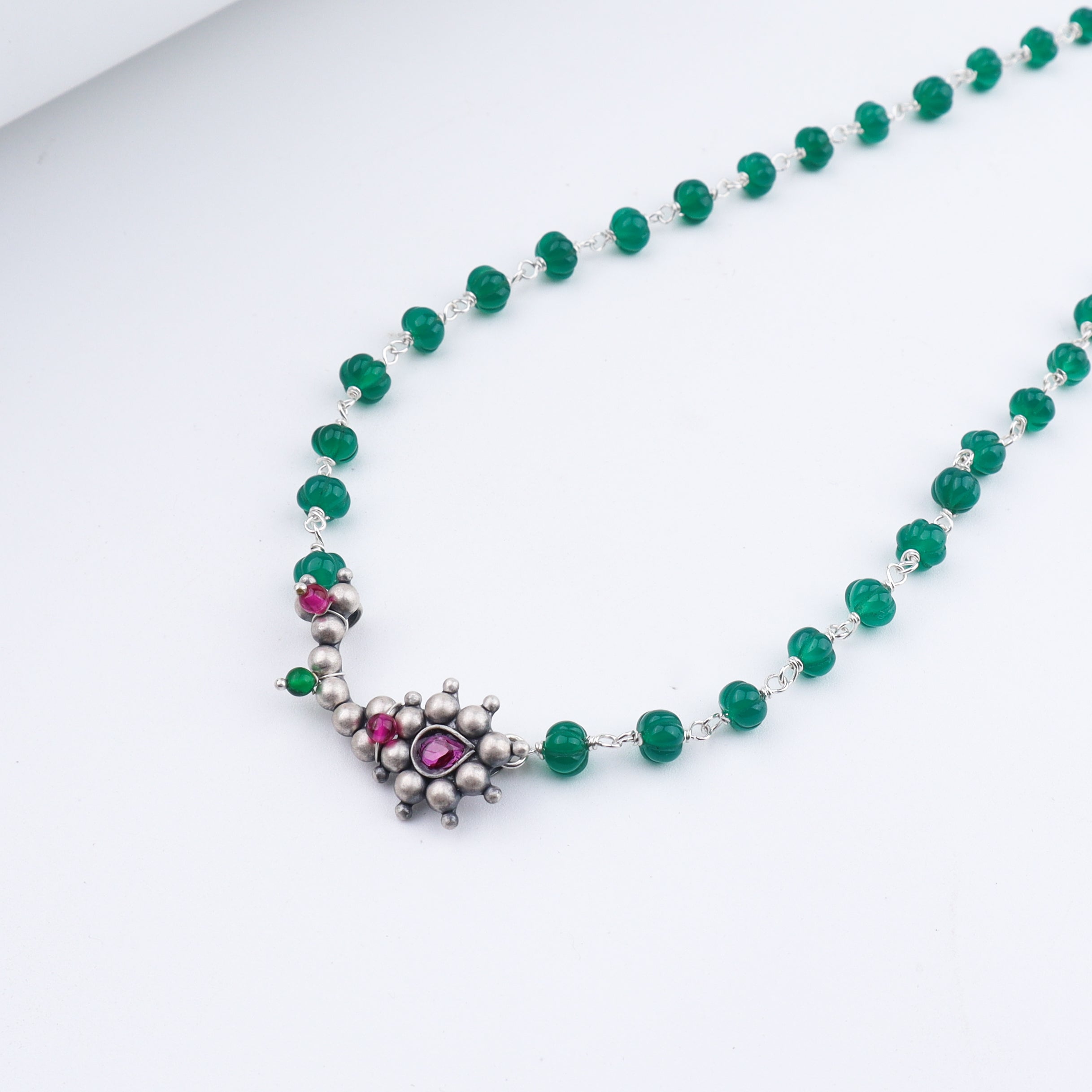 Silver Nath Motif Necklace with Green Onyx Stones