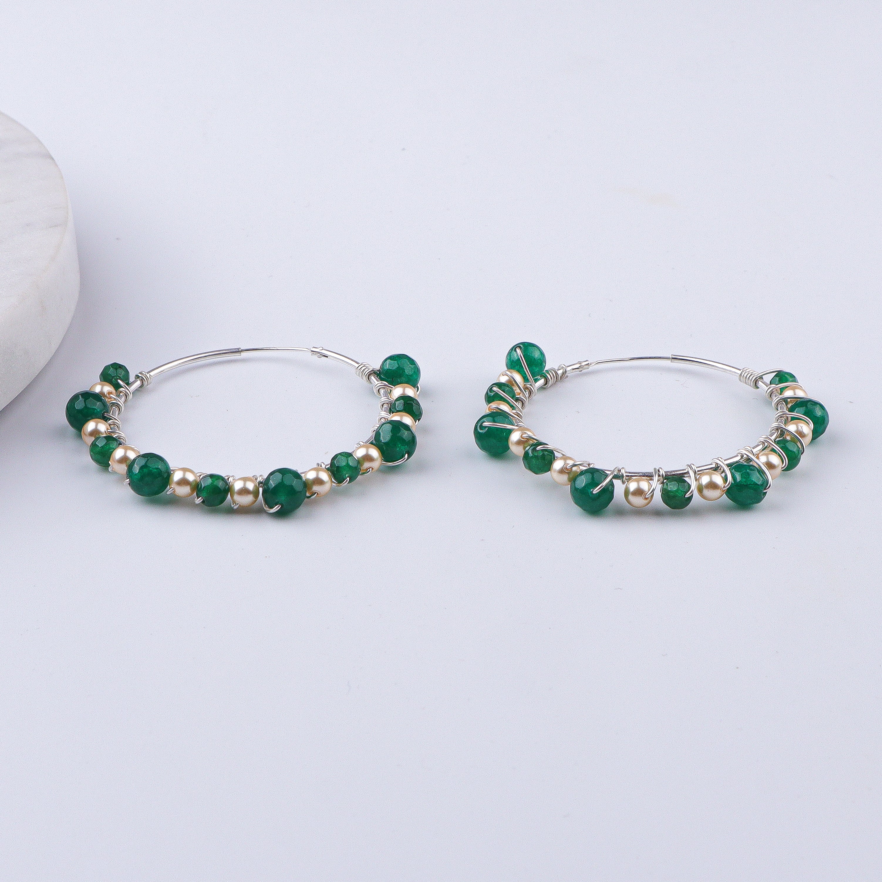 Green Onyx & Golden Pearl Wrap Hoops (Project Handmade)