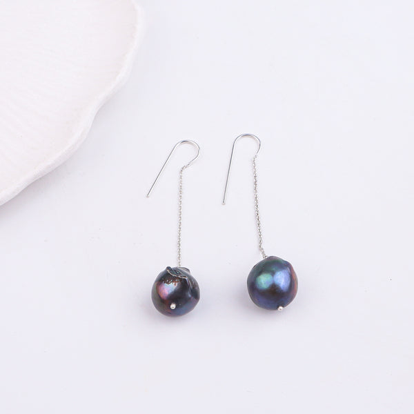 Black Baroque Pearl Silver Earrings (Project Handmade)