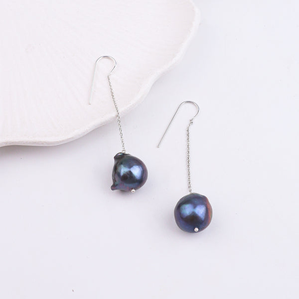 Black Baroque Pearl Silver Earrings (Project Handmade)
