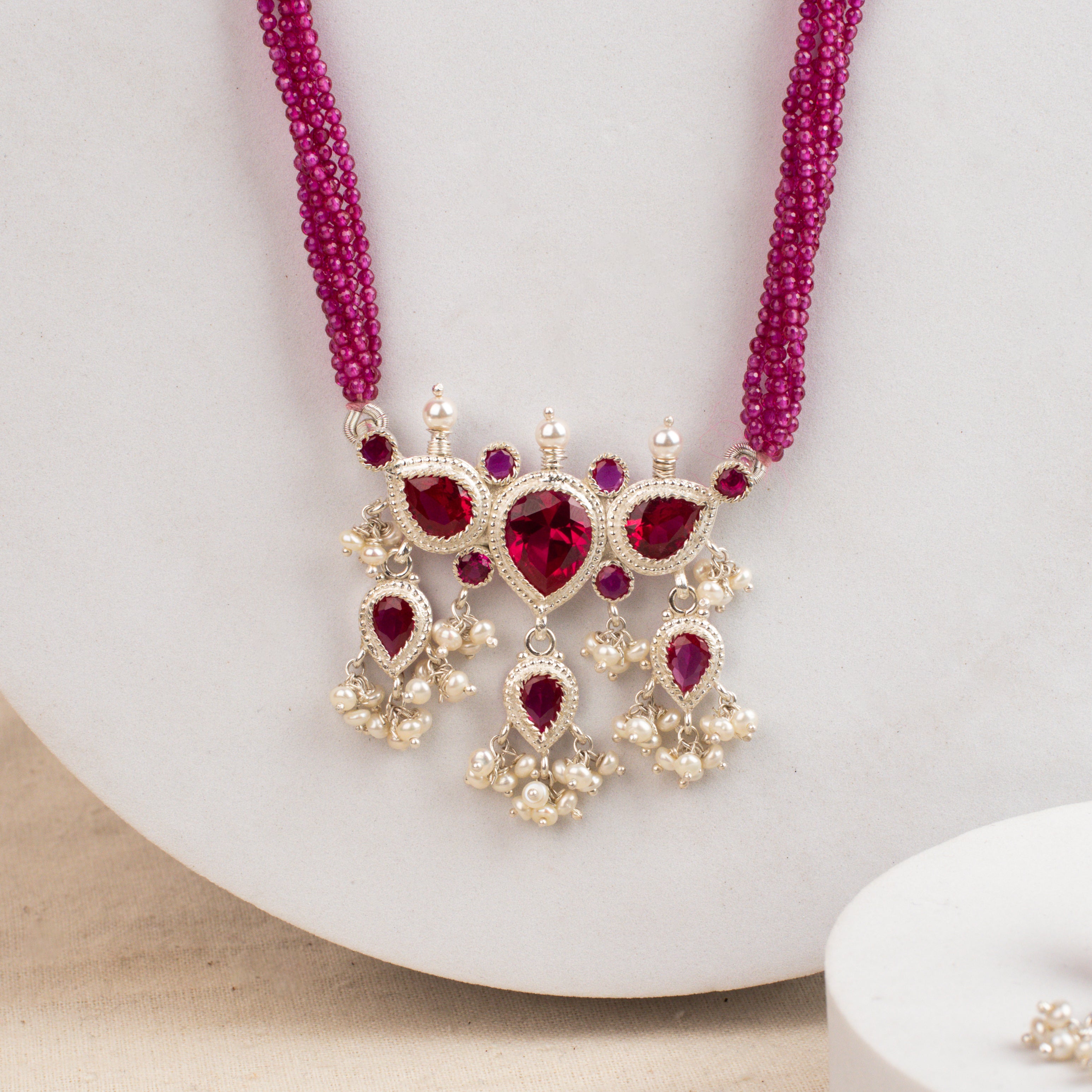 Pink CZ Tanmani Set with Lab Made Ruby Stones