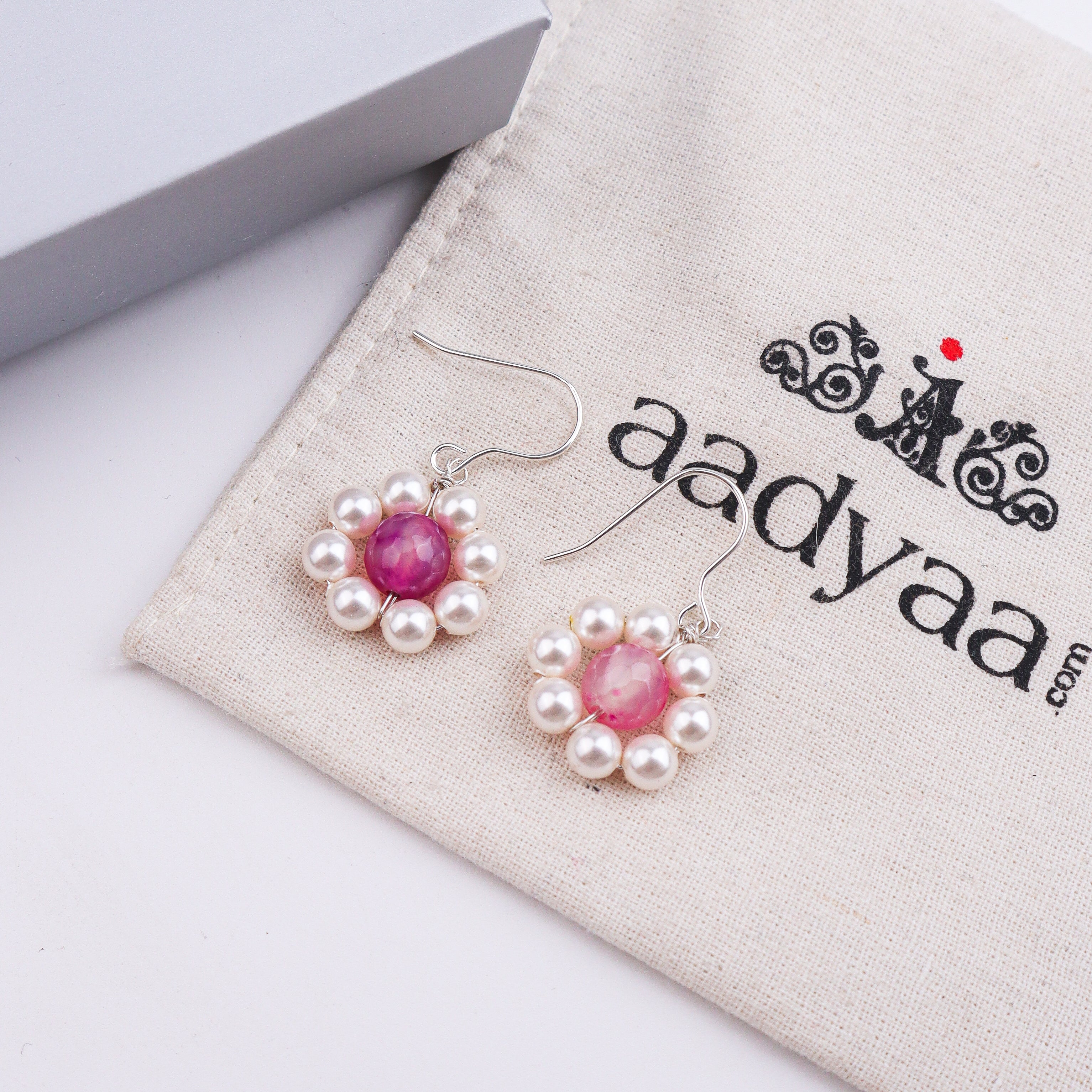 Pink Agate & Pearl Silver Earrings (Project Handmade)