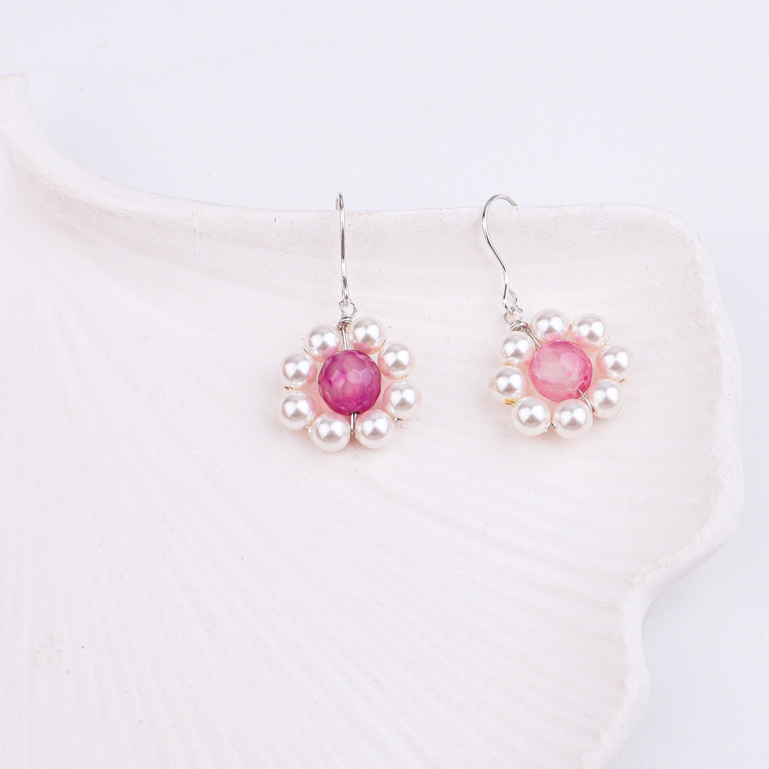 Pink Agate & Pearl Silver Earrings (Project Handmade)