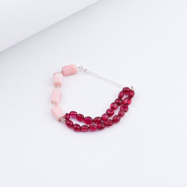 Model wearing Pink Opal & Ruby Stones Half & Half Silver Bracelet