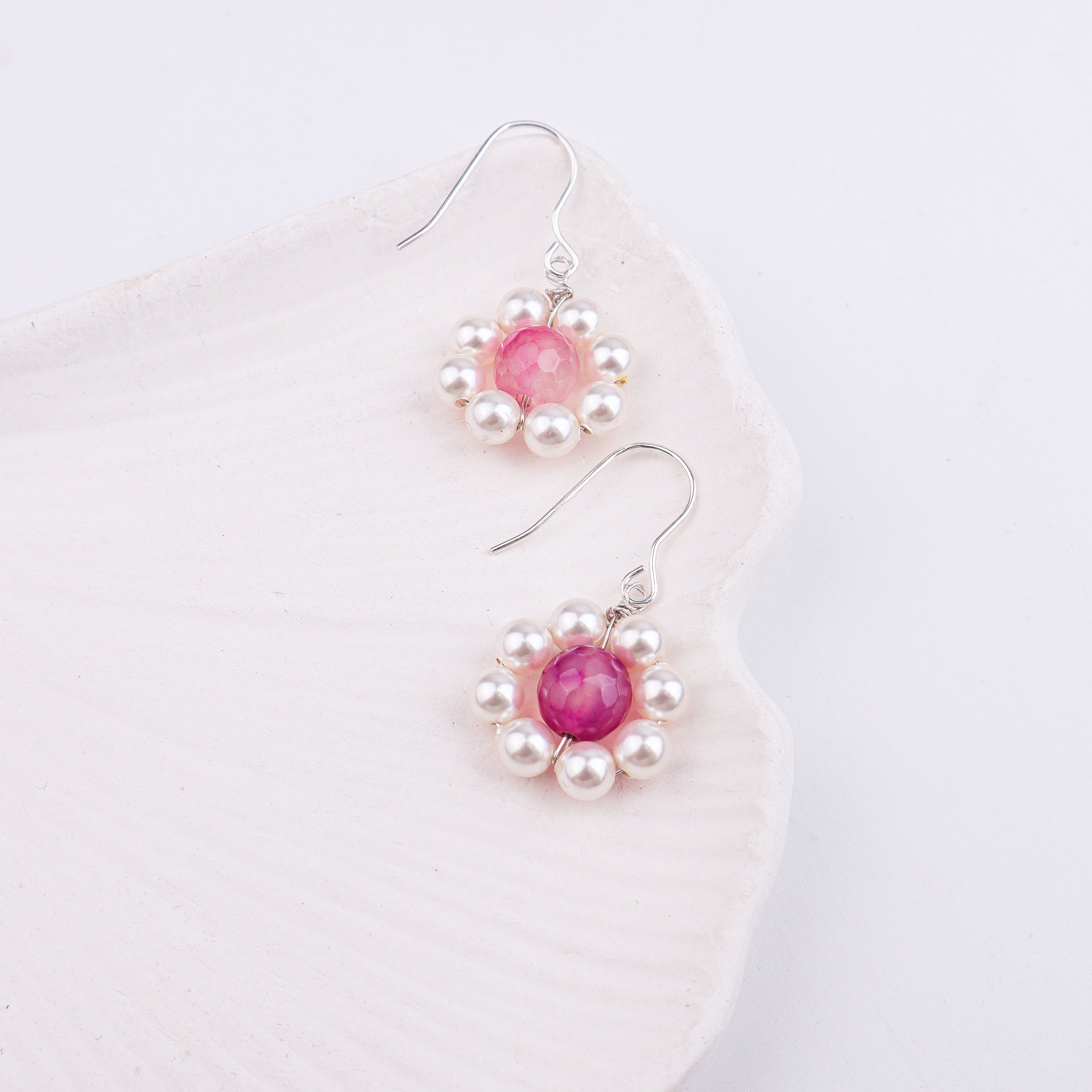 Pink Agate & Pearl Silver Earrings (Project Handmade)