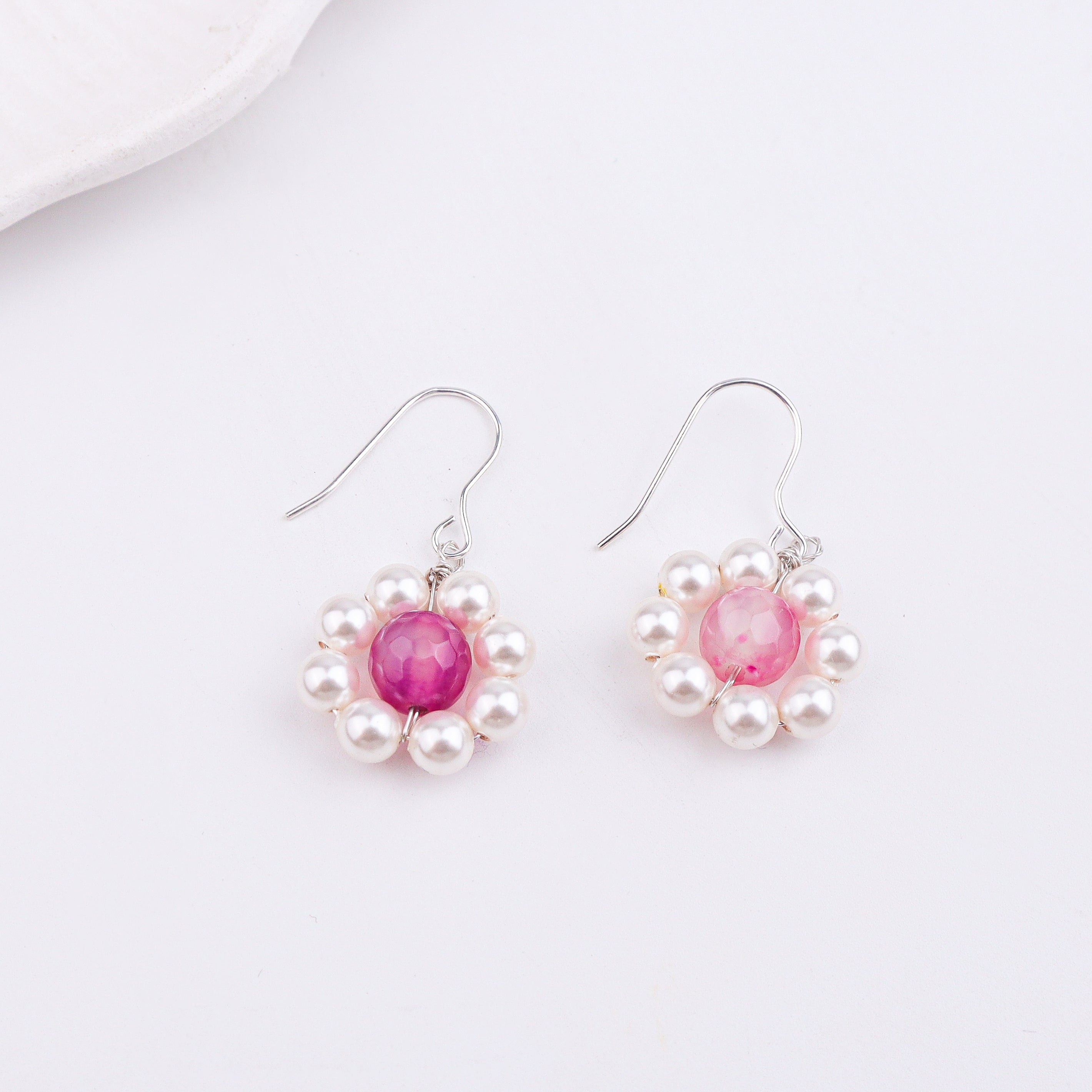 Pink Agate & Pearl Silver Earrings (Project Handmade)