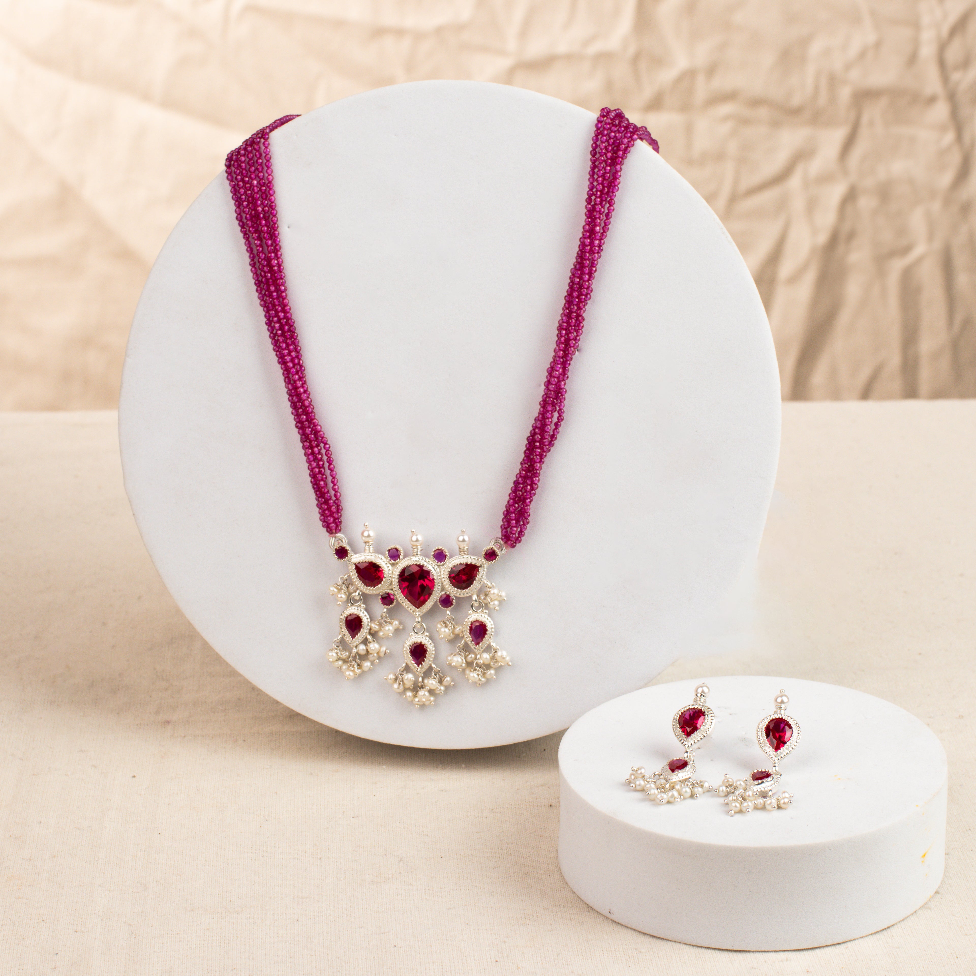 Pink CZ Tanmani Set with Lab Made Ruby Stones