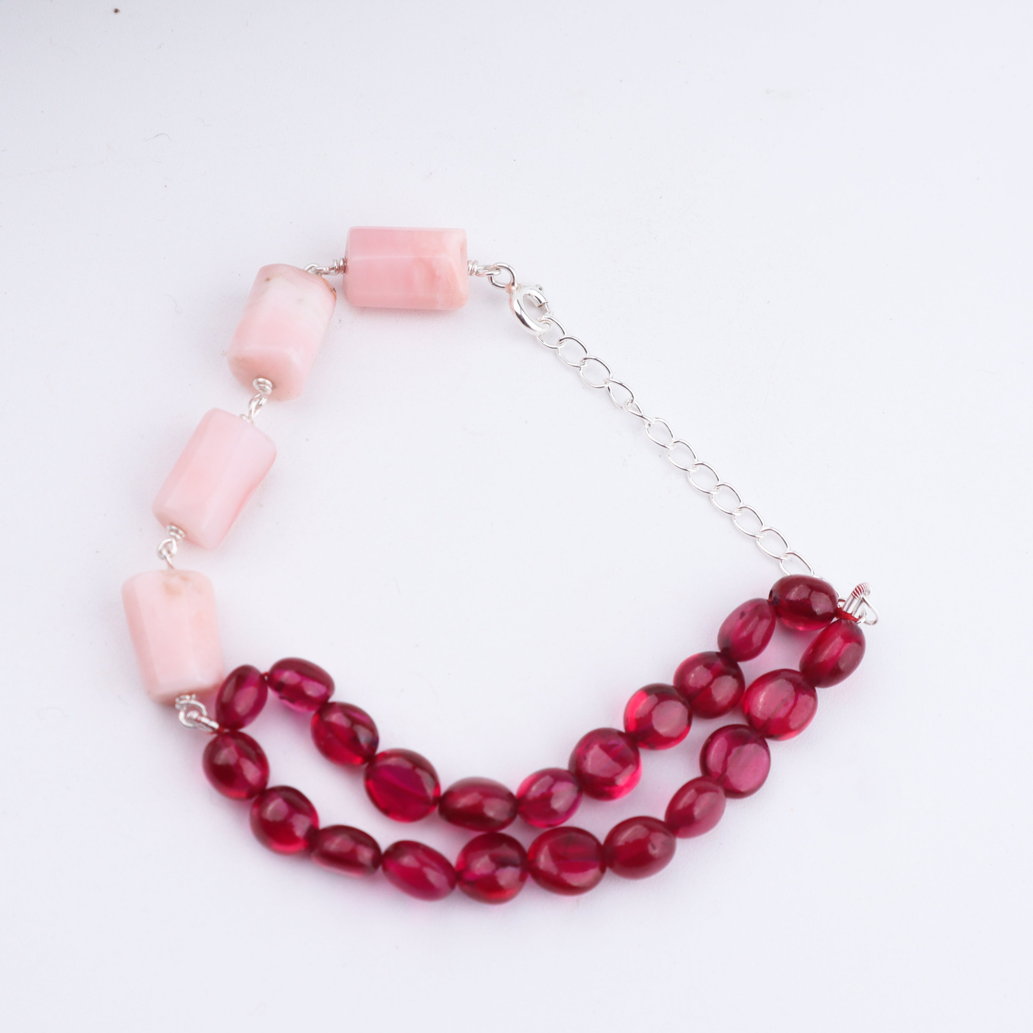 Pink Opal & Ruby Stones Half & Half Silver Bracelet