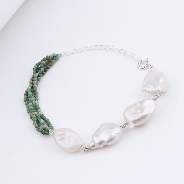 Angled view of Firoza & Freshwater Pearls Half & Half Silver Bracelet