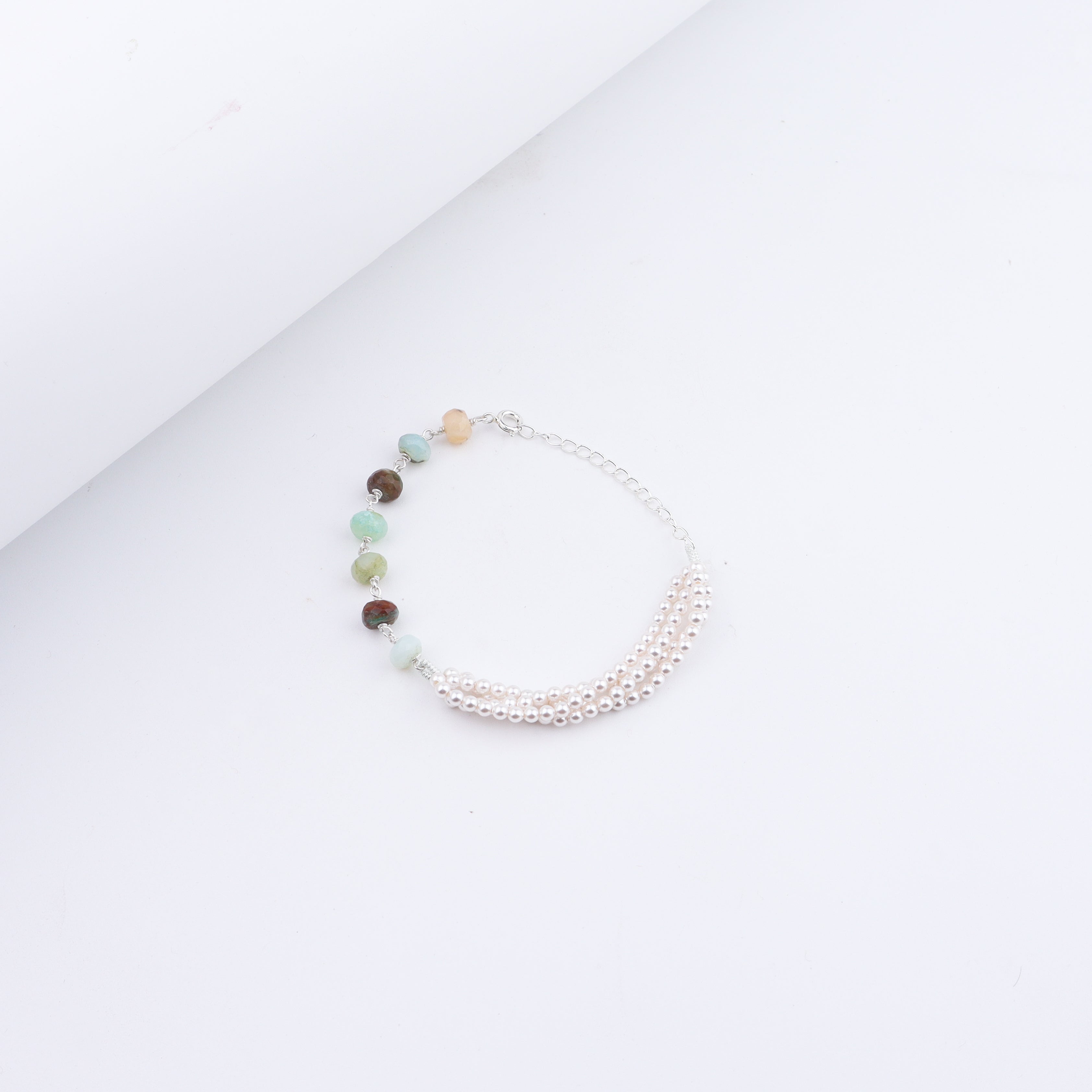 Blue Opal & Pearls Half & Half Silver Bracelet