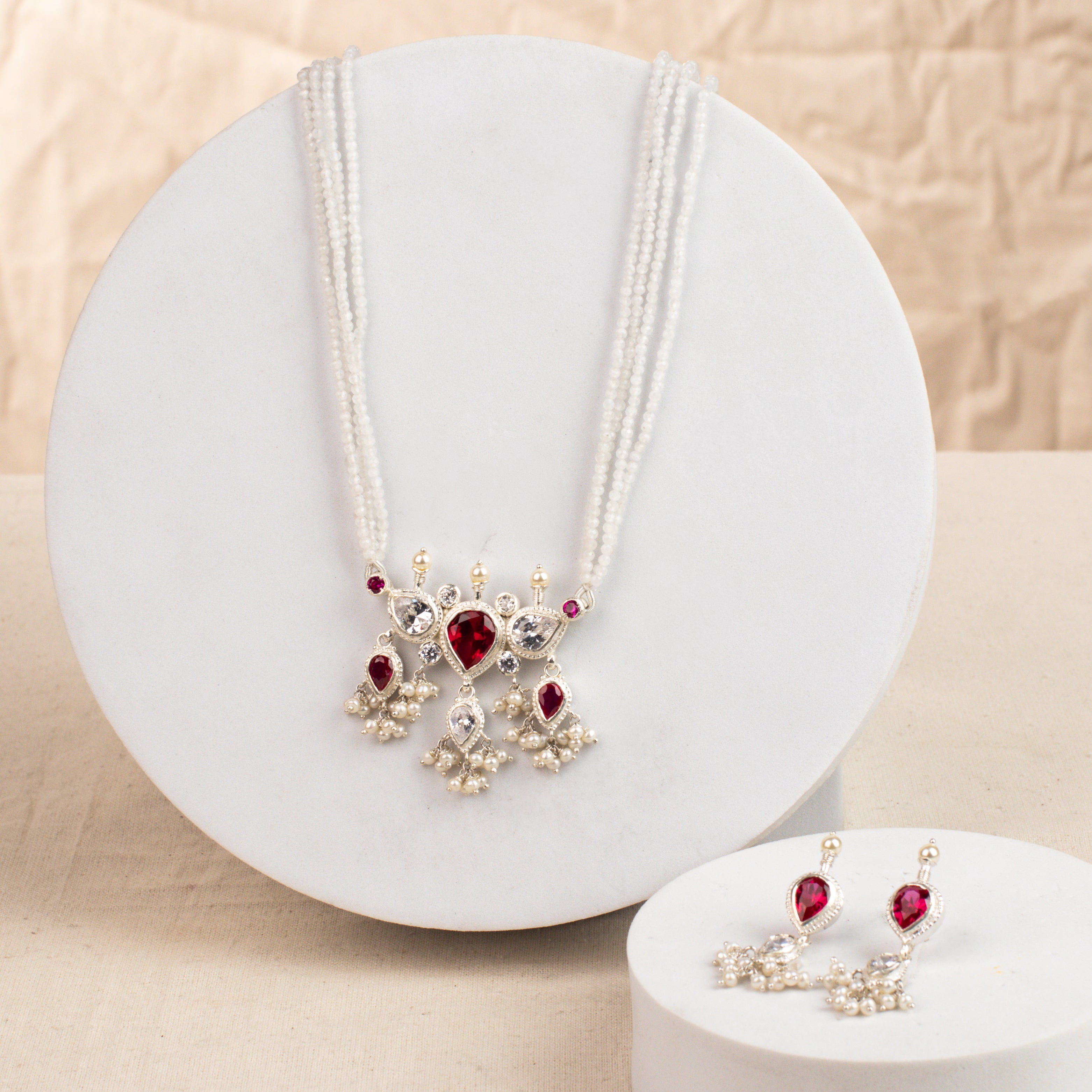 Pink & White Tanmani Set with Moonstones