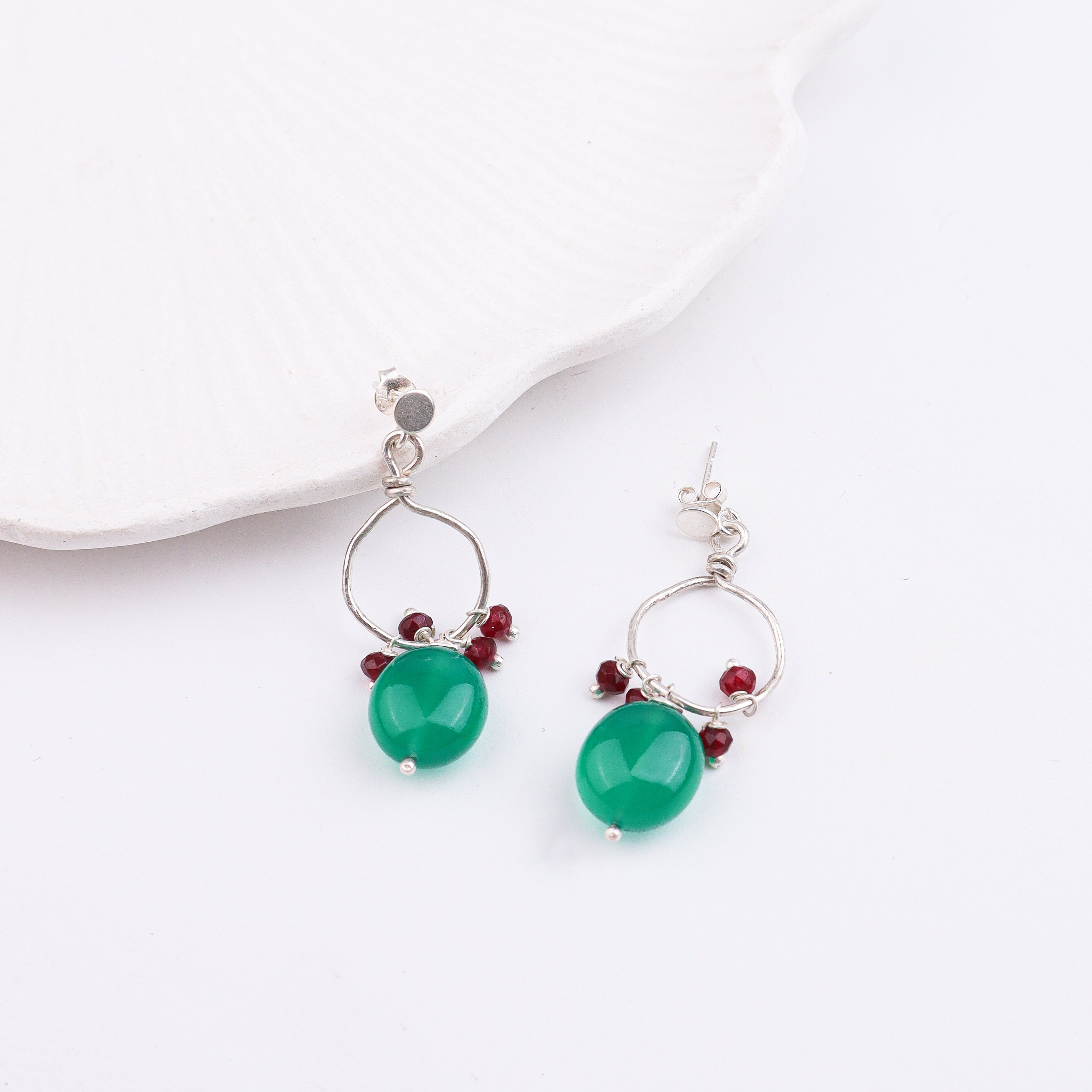 Green Onyx & Garnet Silver Earrings (Project Handmade)