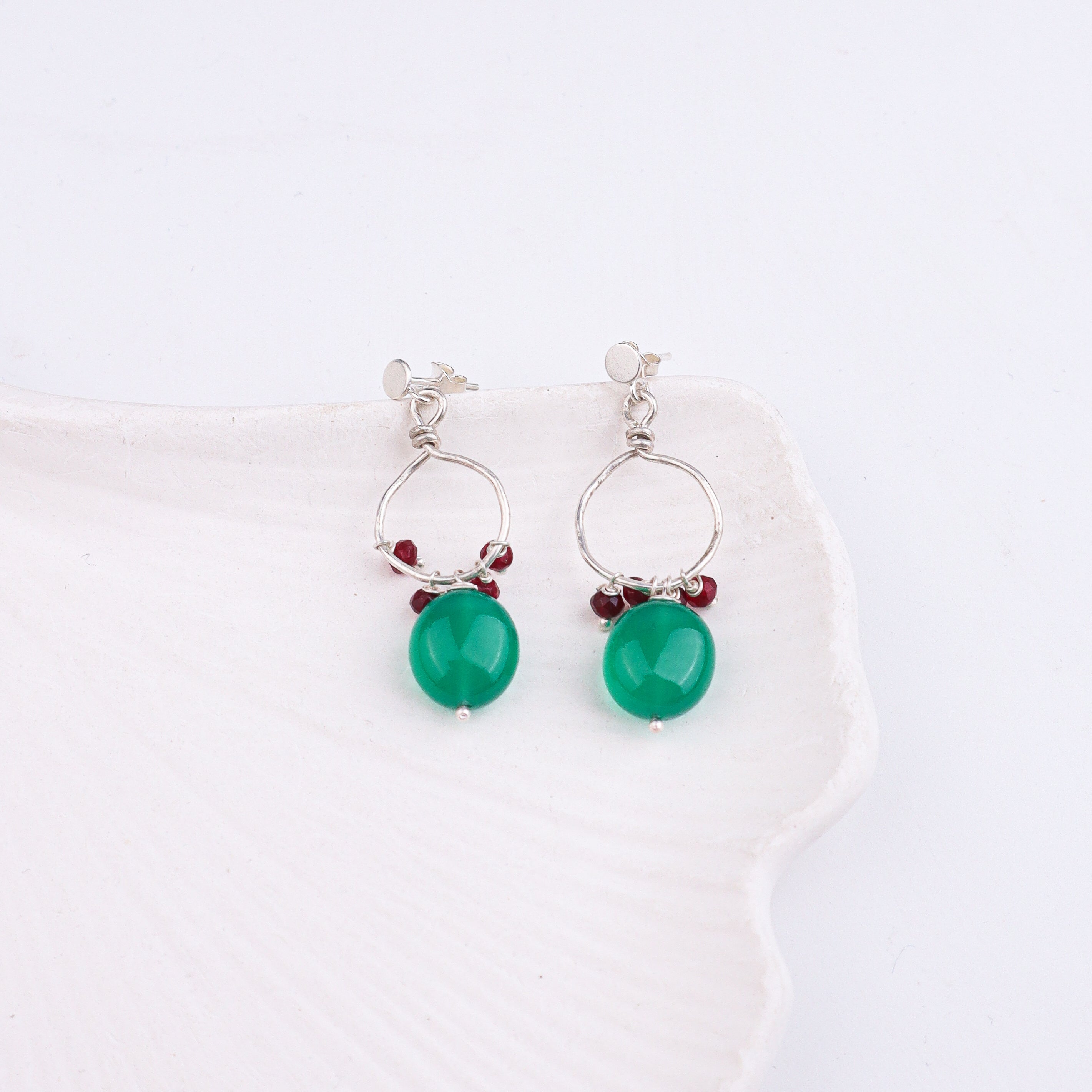 Green Onyx & Garnet Silver Earrings (Project Handmade)