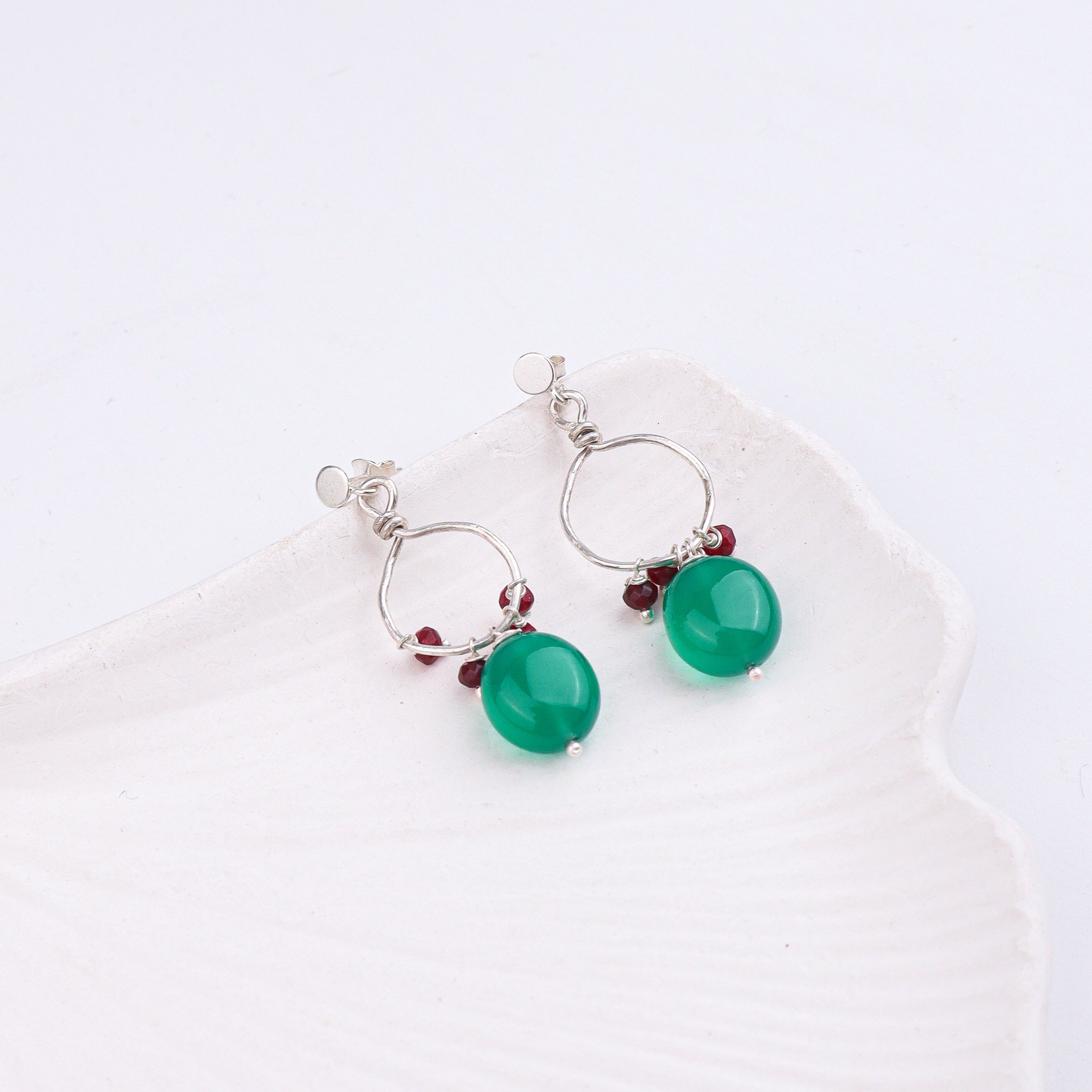 Green Onyx & Garnet Silver Earrings (Project Handmade)