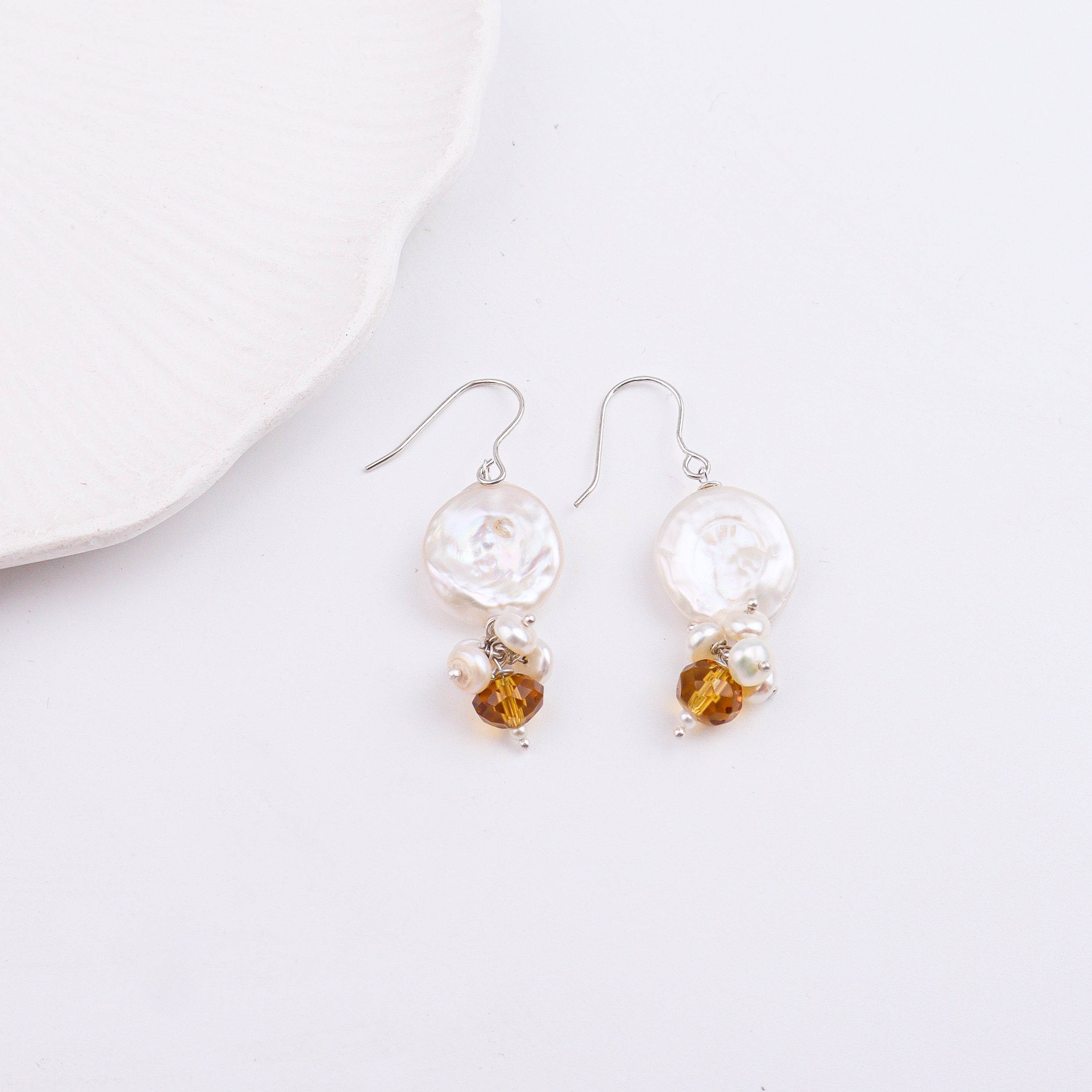 Coin Pearl & Yellow Agate Silver Earrings (Project Handmade)