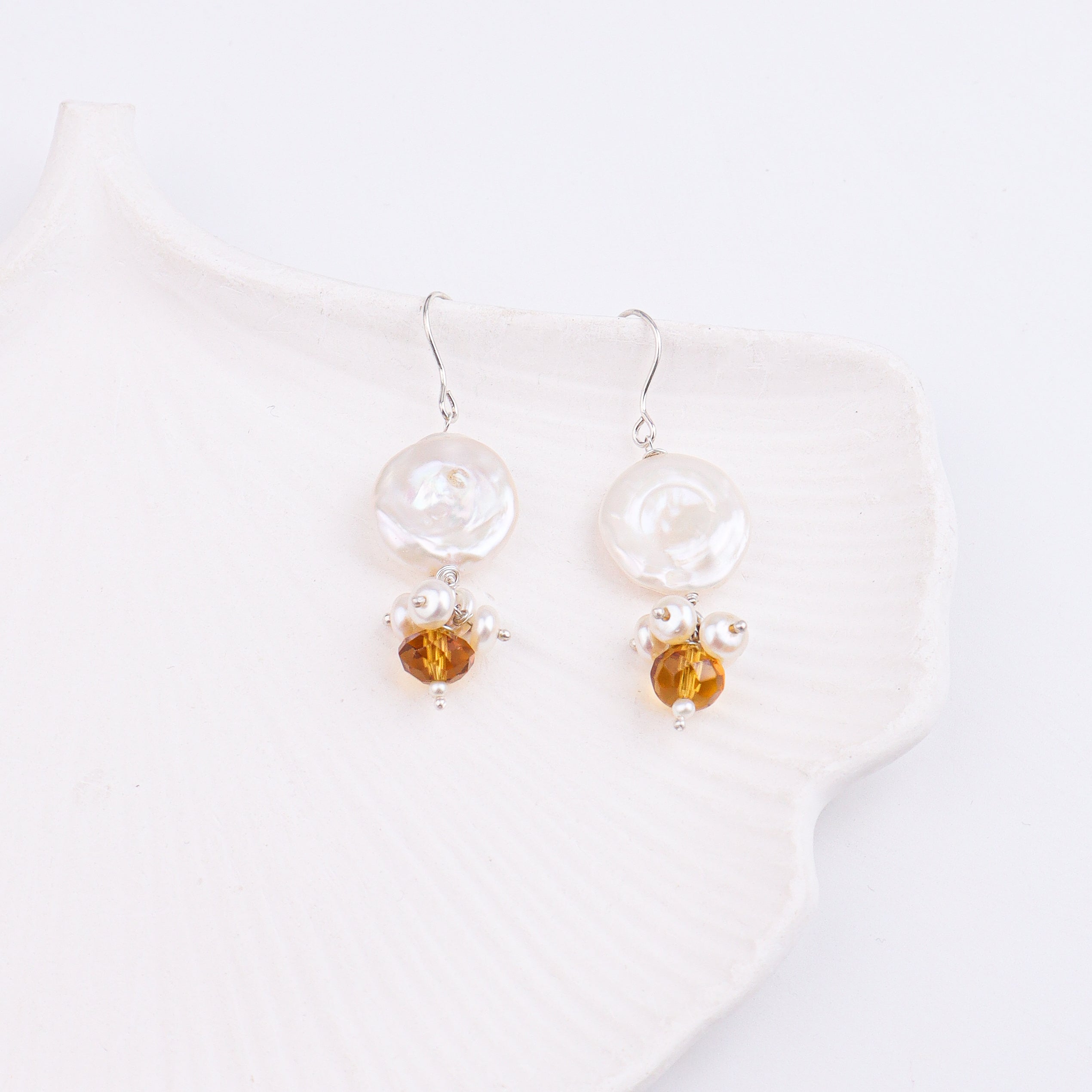 Coin Pearl & Yellow Agate Silver Earrings (Project Handmade)