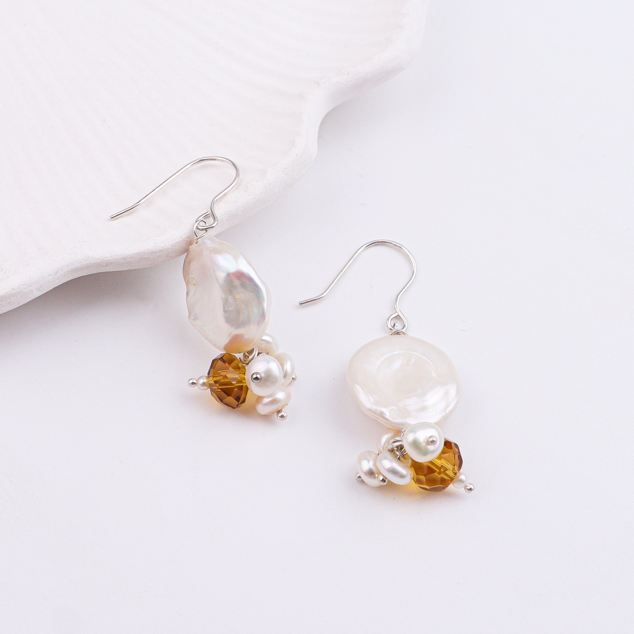 Coin Pearl & Yellow Agate Silver Earrings (Project Handmade)