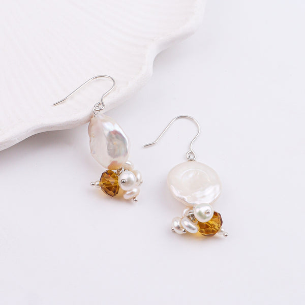 Coin Pearl & Yellow Agate Silver Earrings (Project Handmade)