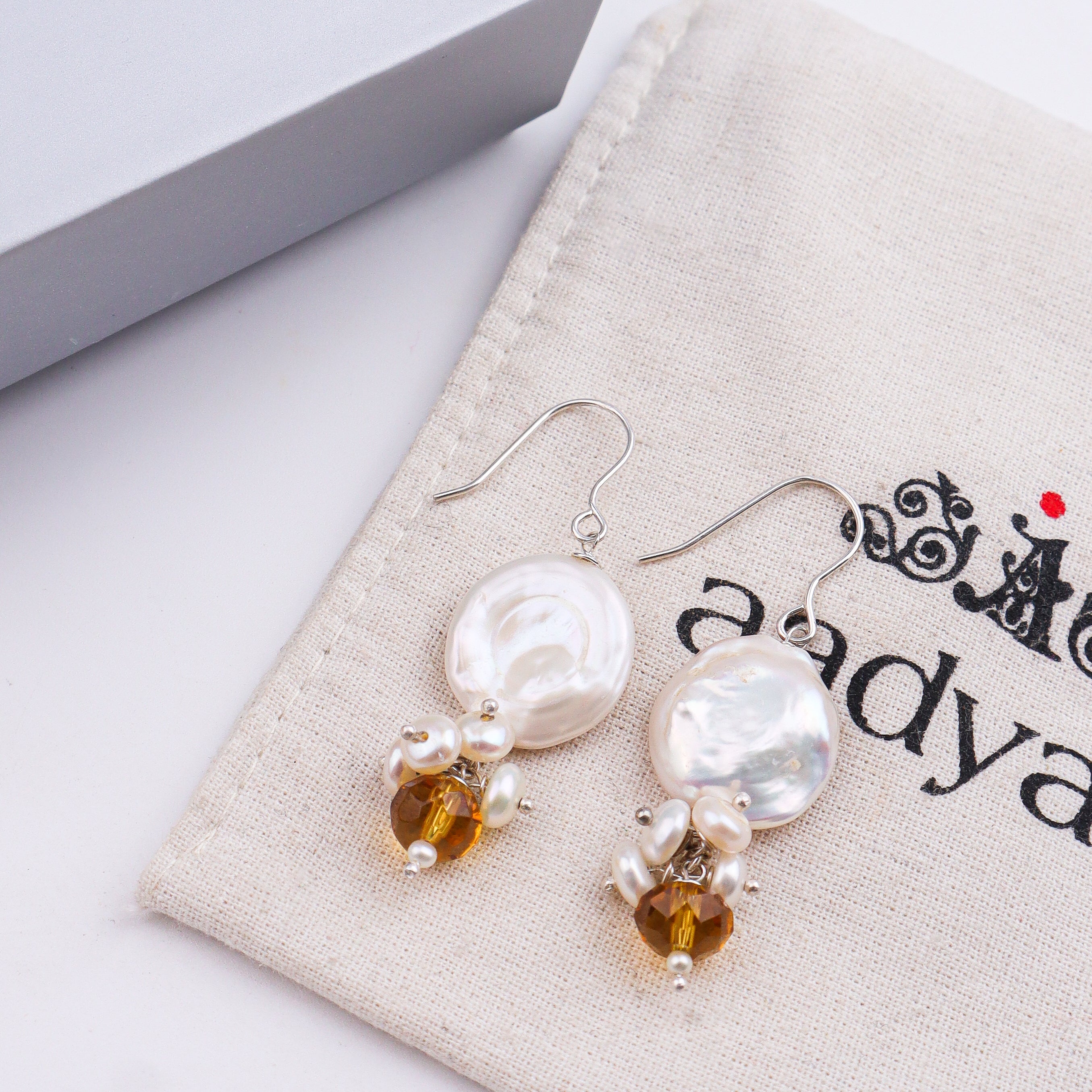 Coin Pearl & Yellow Agate Silver Earrings (Project Handmade)