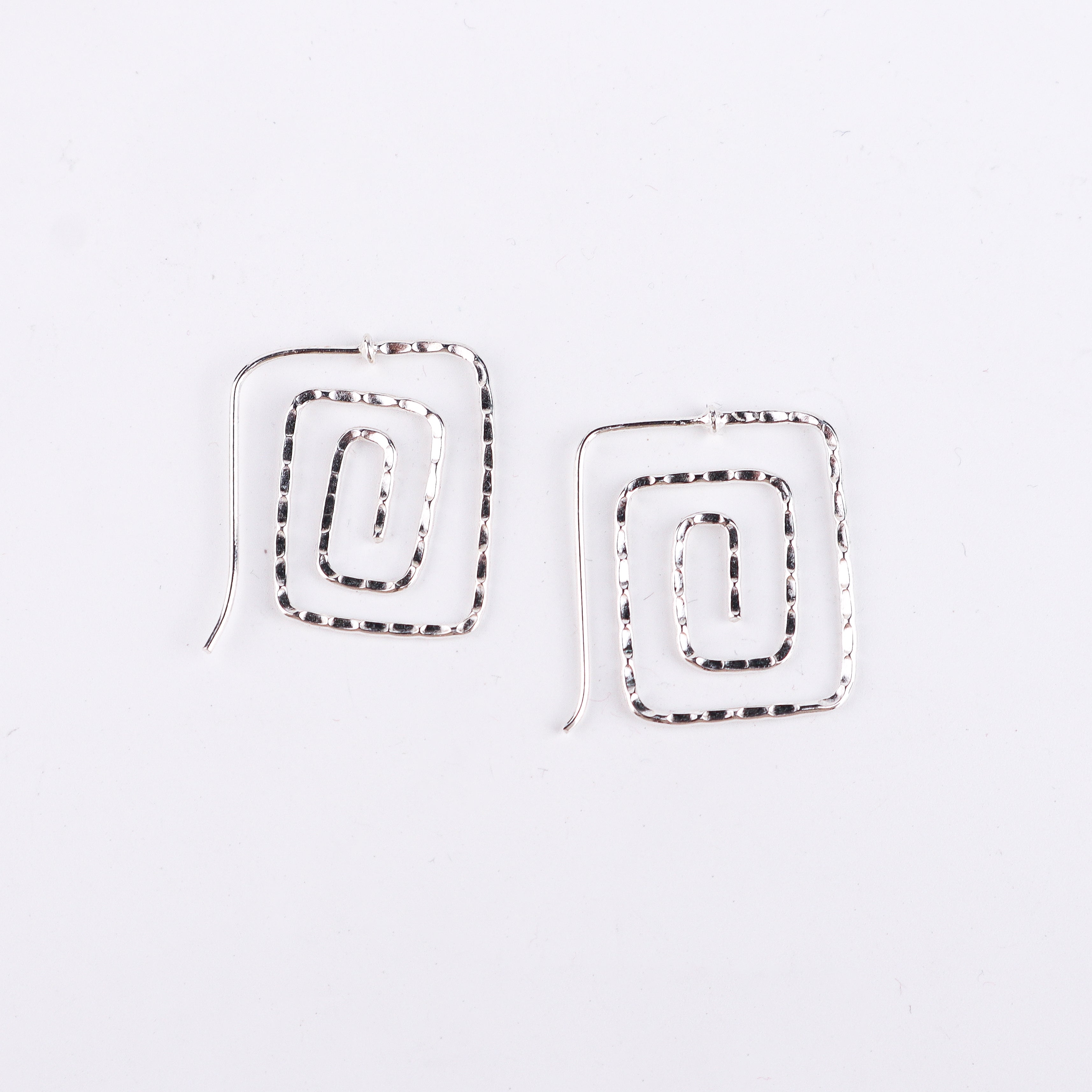 Silver Spiral Square Hammered Earrings