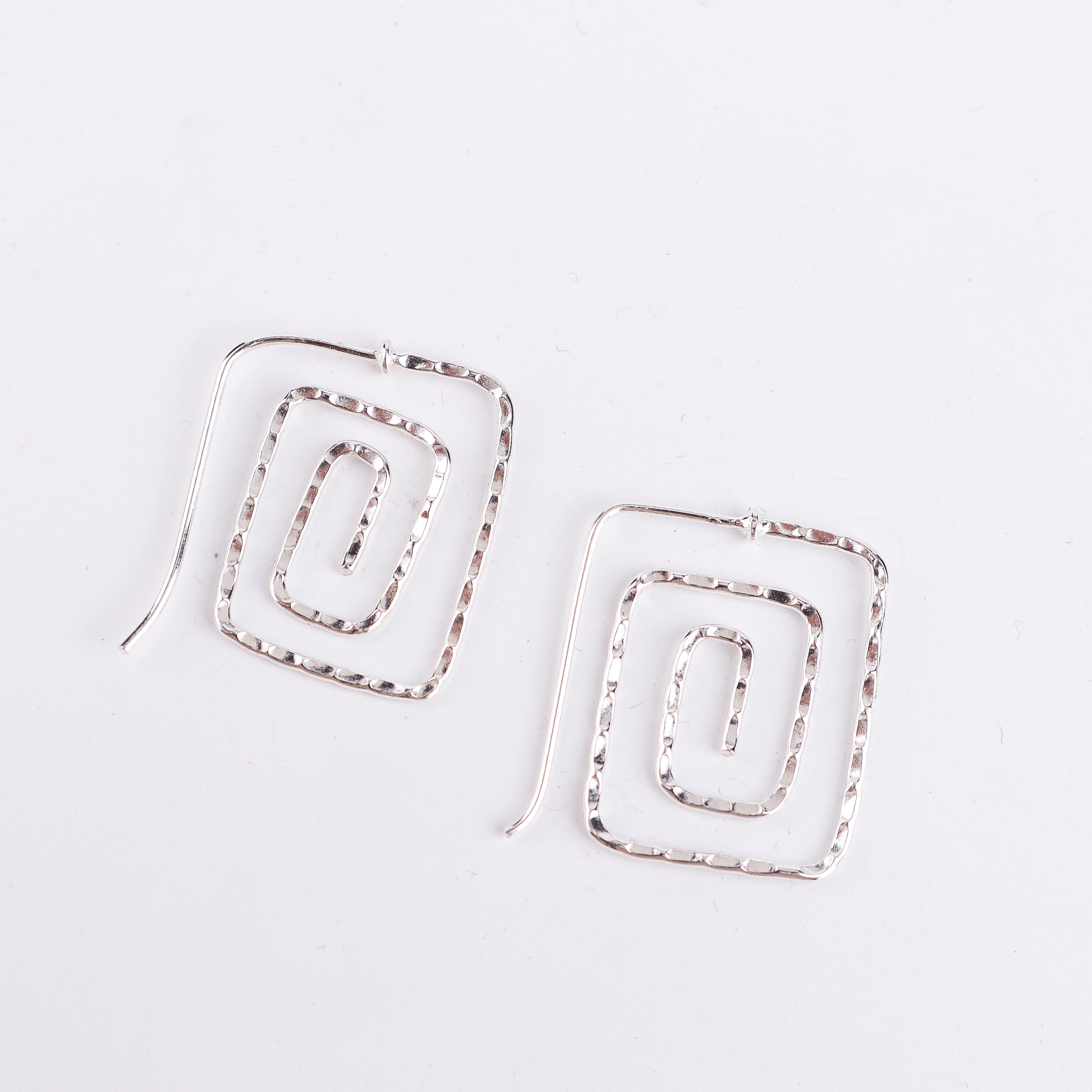 Silver Spiral Square Hammered Earrings