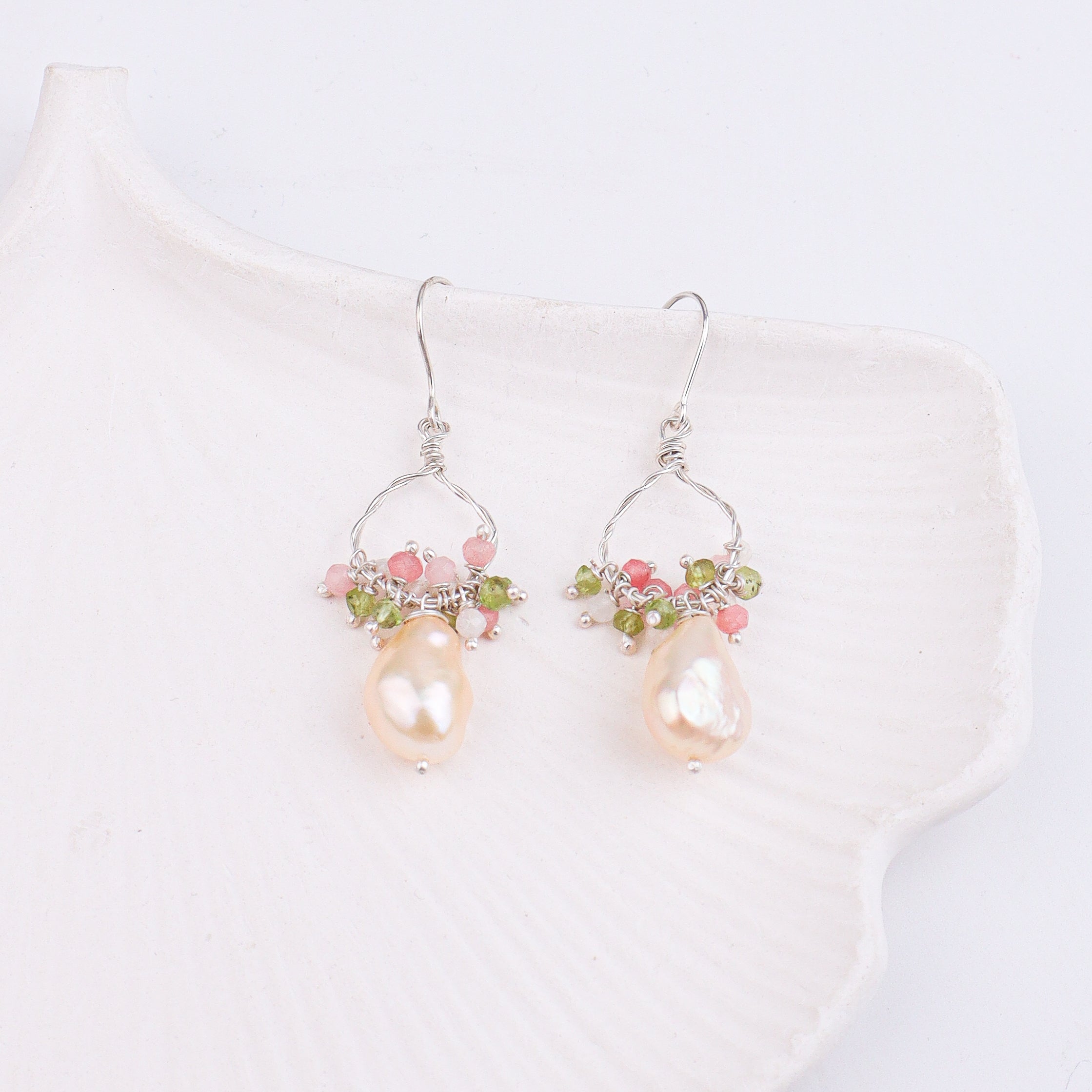 Freshwater Pearl, Rose Quartz & Peridot Silver Earrings (Project Handmade)