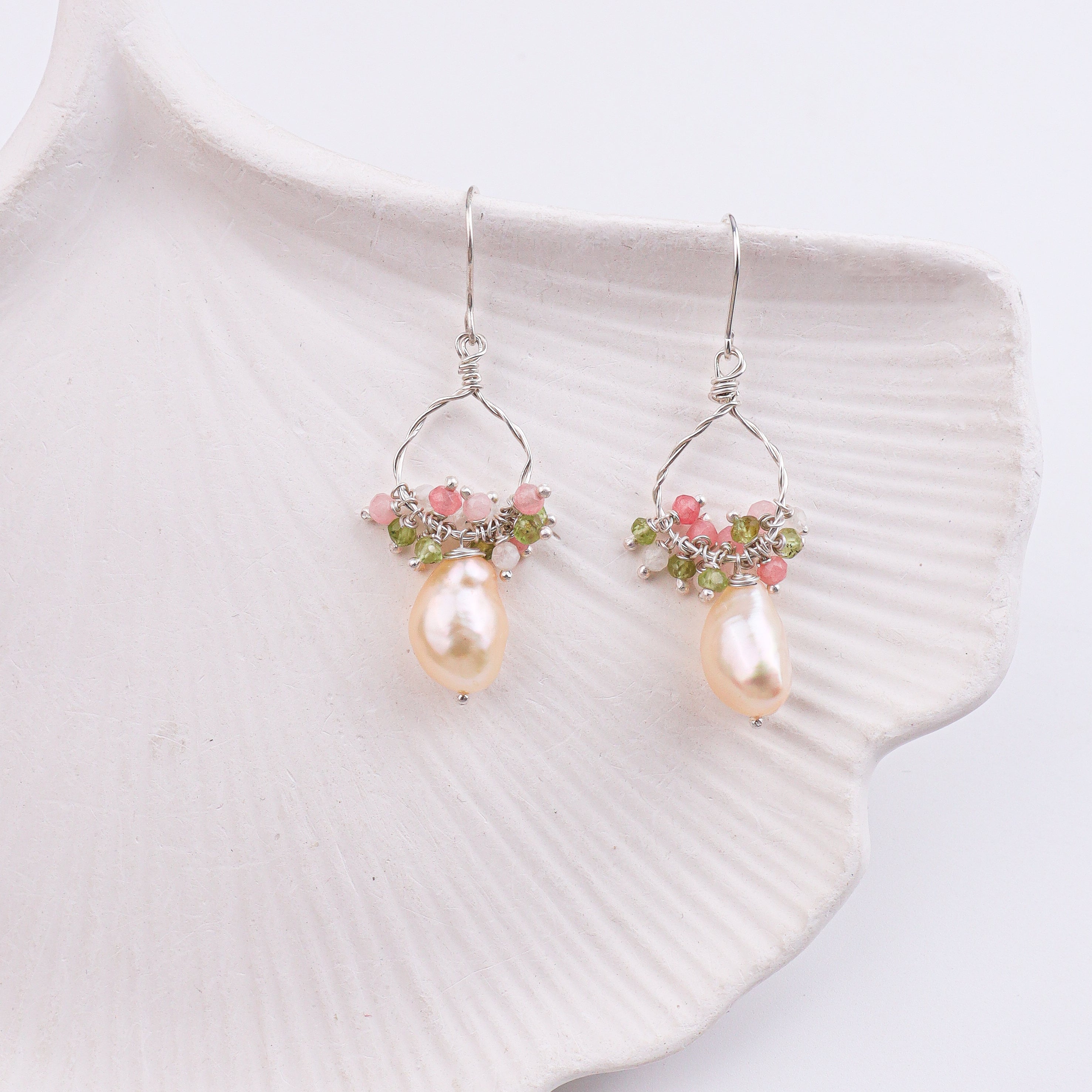 Freshwater Pearl, Rose Quartz & Peridot Silver Earrings (Project Handmade)