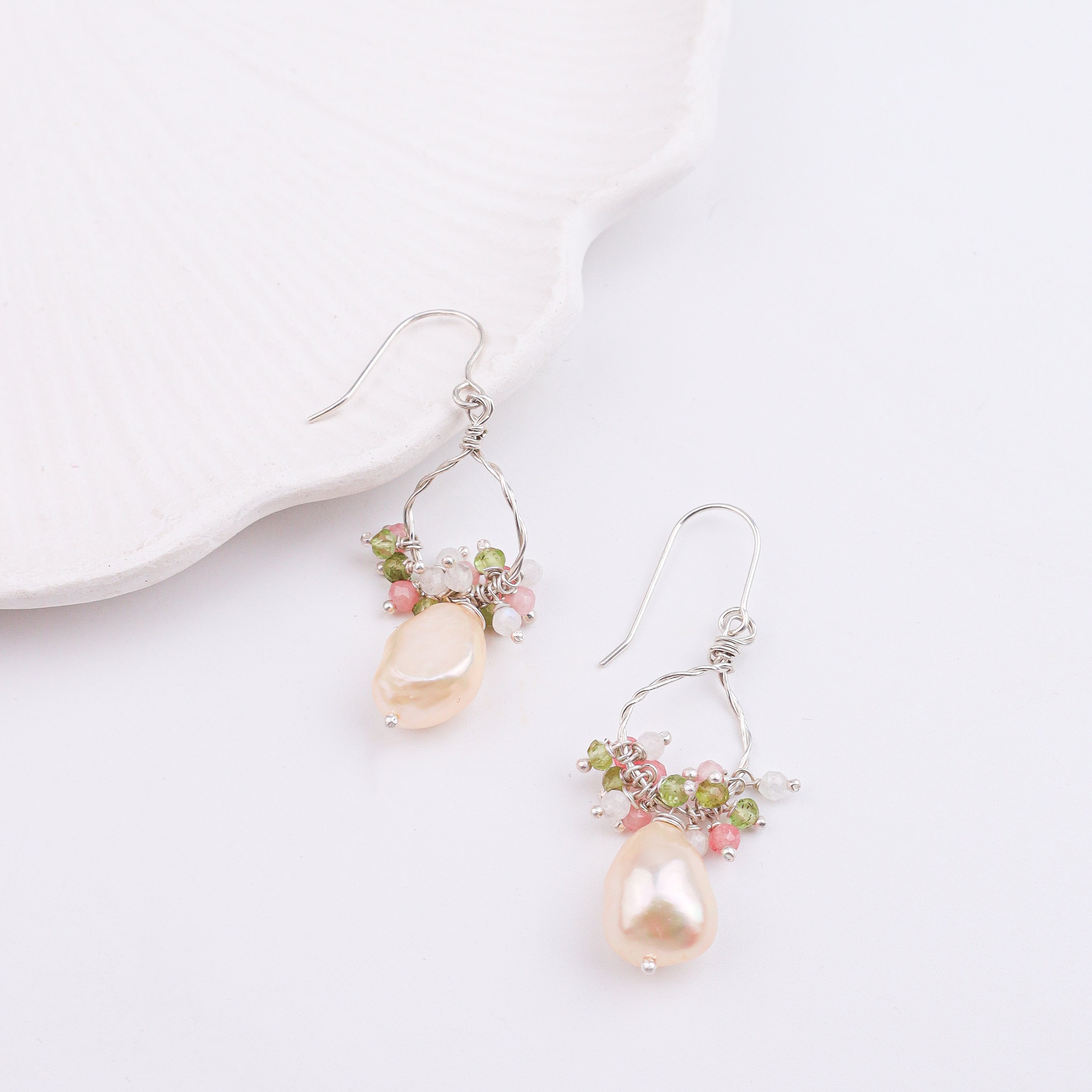 Freshwater Pearl, Rose Quartz & Peridot Silver Earrings (Project Handmade)