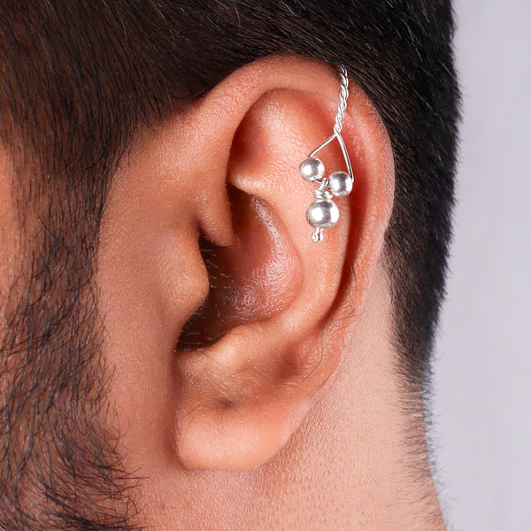 Silver Bead Bhik Bali clip-on earring on ear