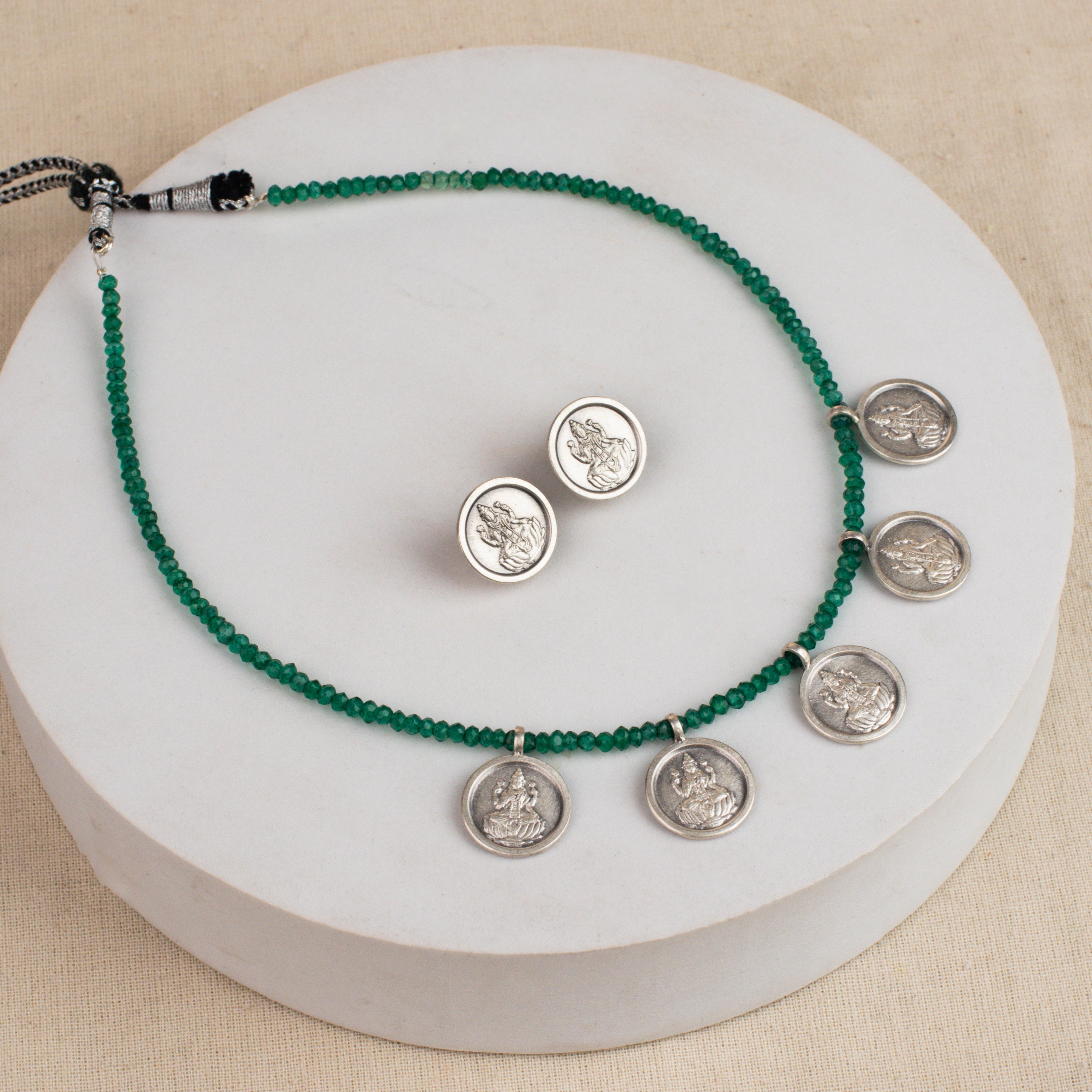 Green Onyx Silver Putali Haar Set