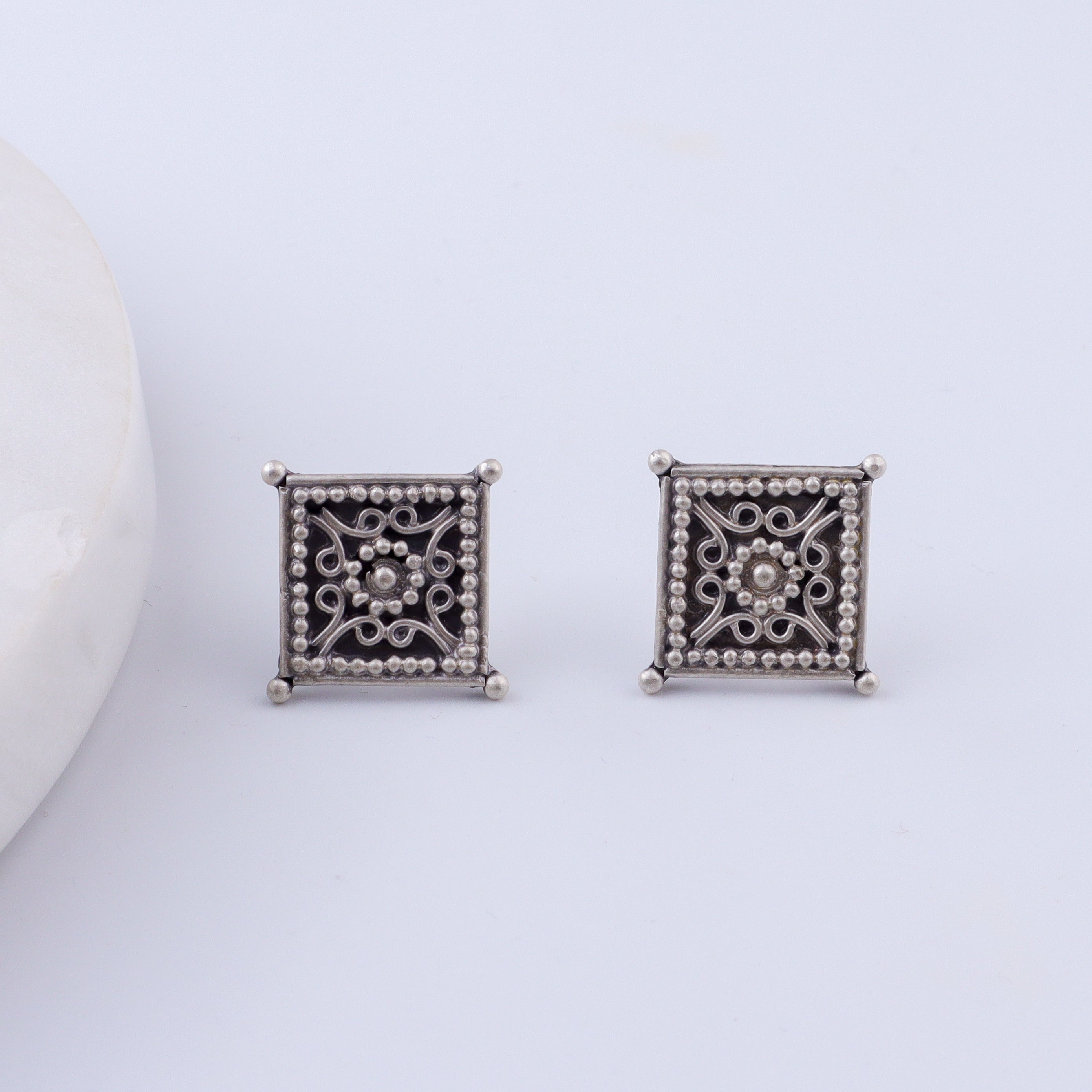 Diamond Shape Filigree Oxidized Silver Earrings