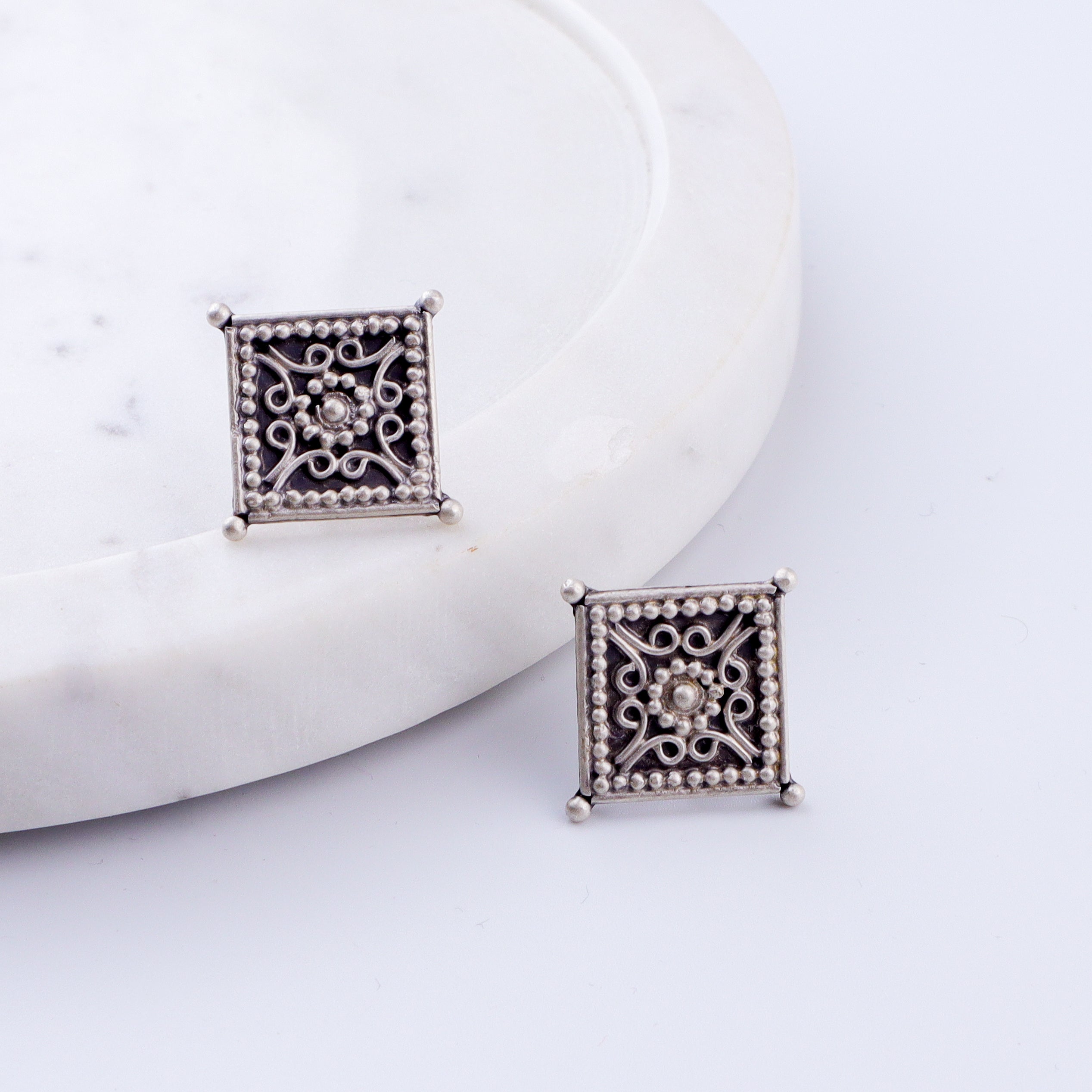 Diamond Shape Filigree Oxidized Silver Earrings
