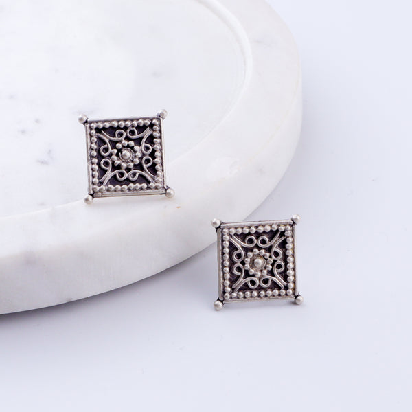 Diamond Shape Filigree Oxidized Silver Earrings
