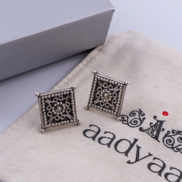 Diamond Shape Filigree Oxidized Silver Earrings