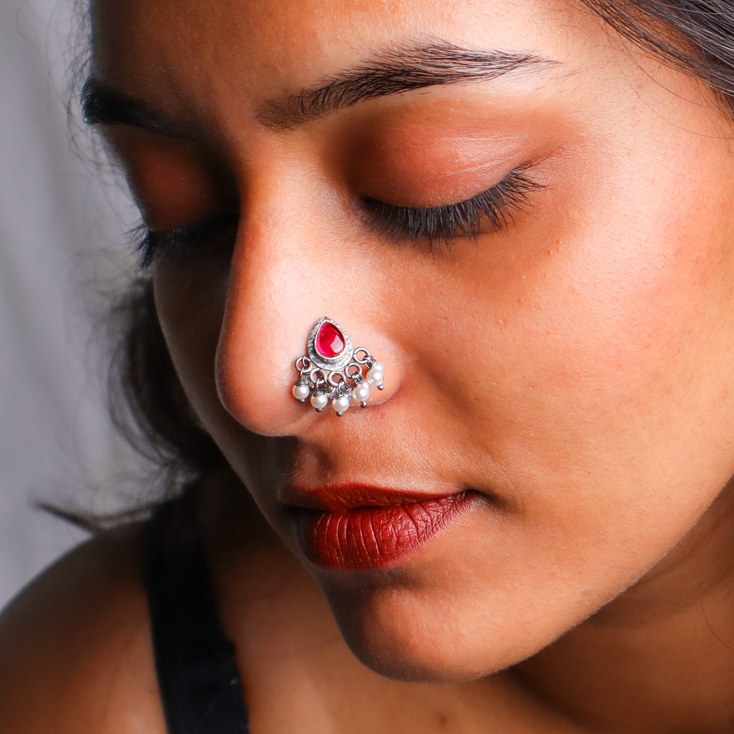 Oxidised Pink Drop Pierced Nose Pin (Large)