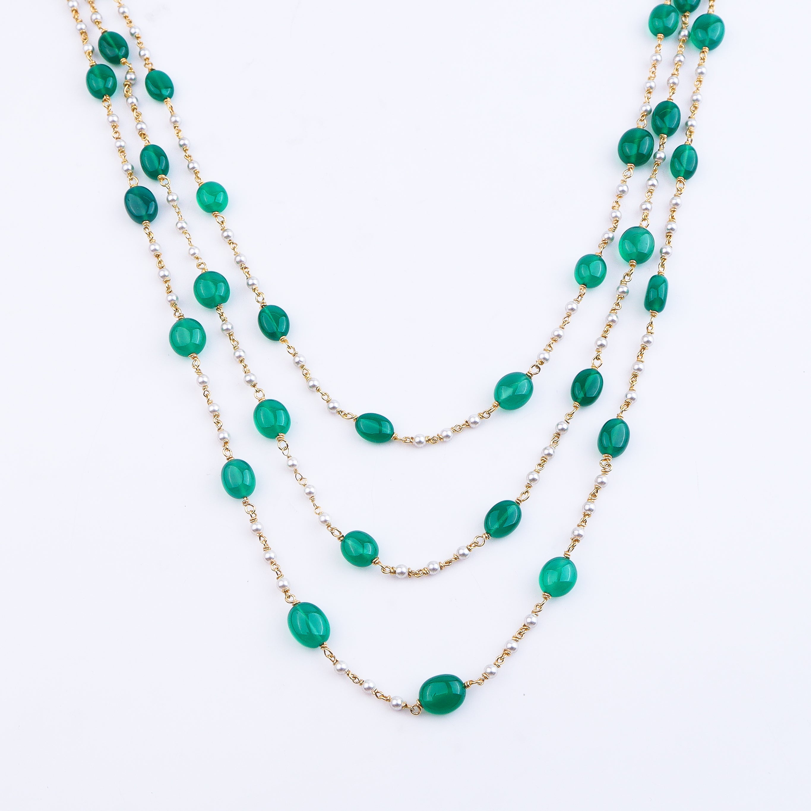 Luxe Necklace – Swarovski Pearls with Green Onyx | 22K Gold-Plated